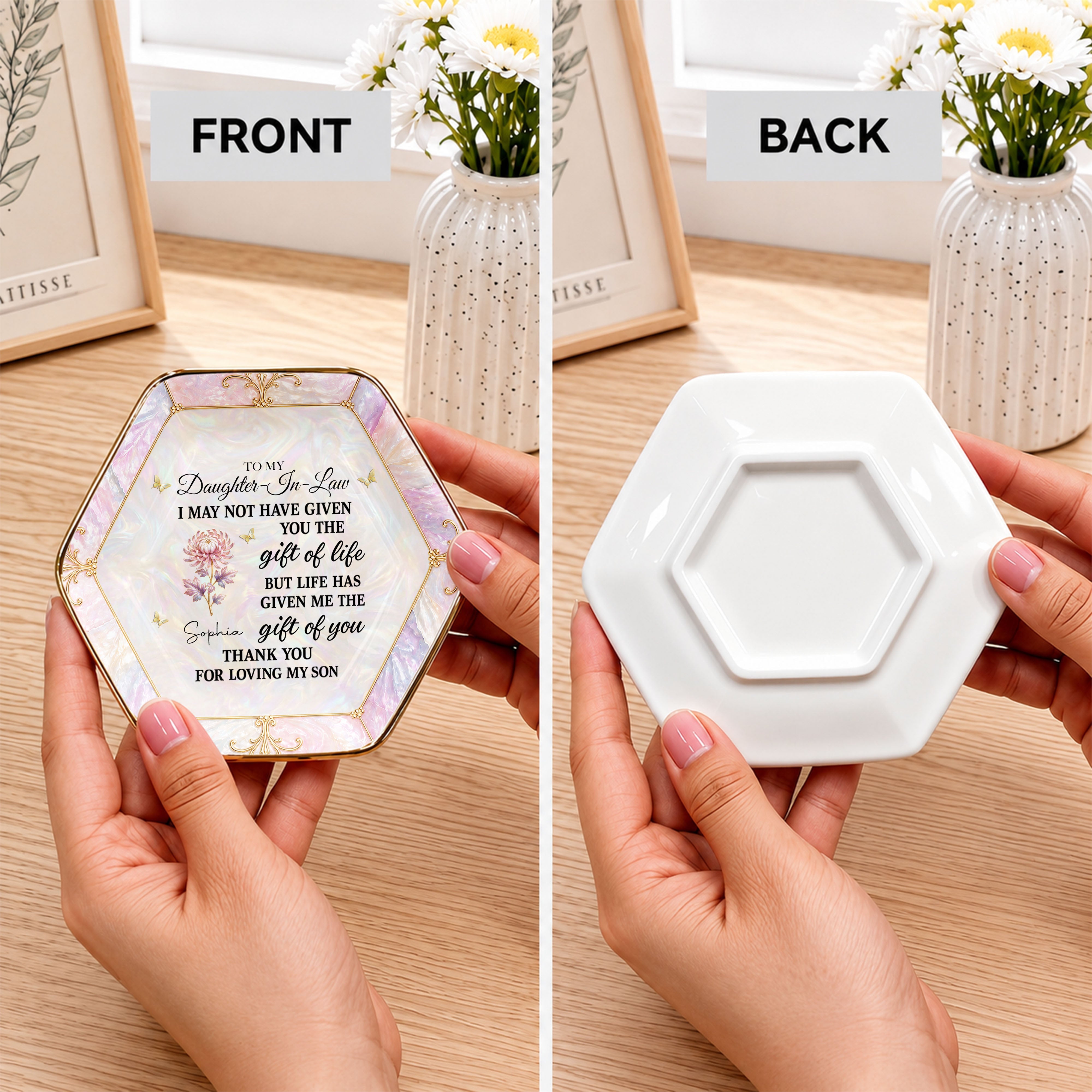 To My Daughter-In-Law Gift Of You Flower Butterfly - Personalized Custom Jewelry Dish, Ceramic Dish, Hexagonal Shape - DILA336_HECRD