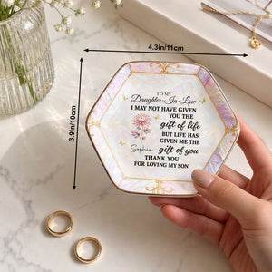 To My Daughter-In-Law Gift Of You Flower Butterfly - Personalized Custom Jewelry Dish, Ceramic Dish, Hexagonal Shape - DILA336_HECRD