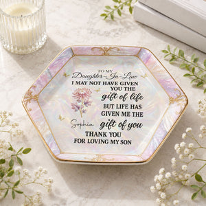 To My Daughter-In-Law Gift Of You Flower Butterfly - Personalized Custom Jewelry Dish, Ceramic Dish, Hexagonal Shape - DILA336_HECRD