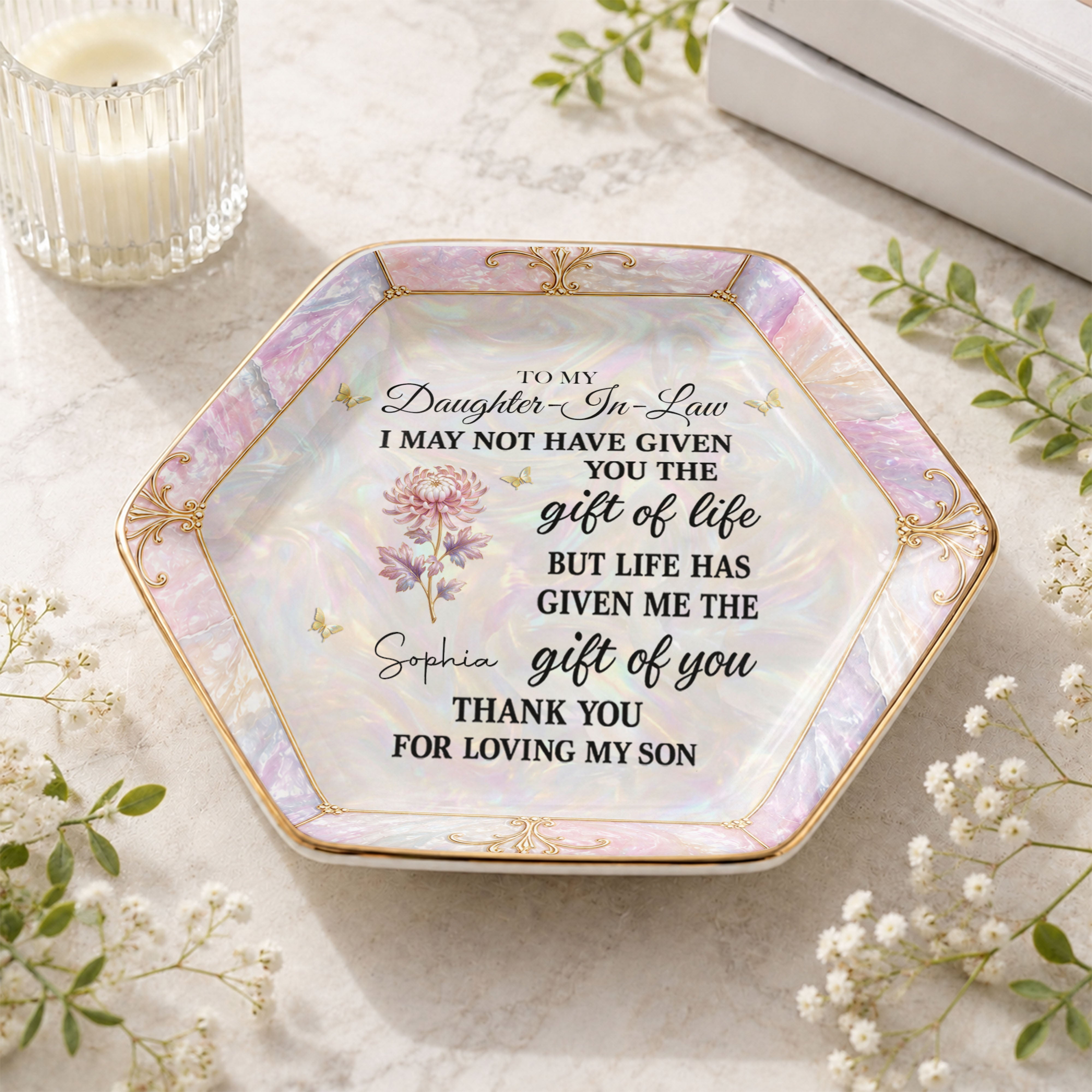 To My Daughter-In-Law Gift Of You Flower Butterfly - Personalized Custom Jewelry Dish, Ceramic Dish, Hexagonal Shape - DILA336_HECRD