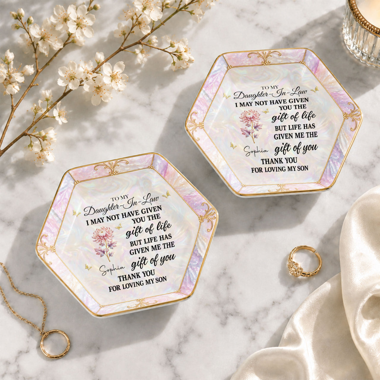 To My Daughter-In-Law Gift Of You Flower Butterfly - Personalized Custom Jewelry Dish, Ceramic Dish, Hexagonal Shape - DILA336_HECRD