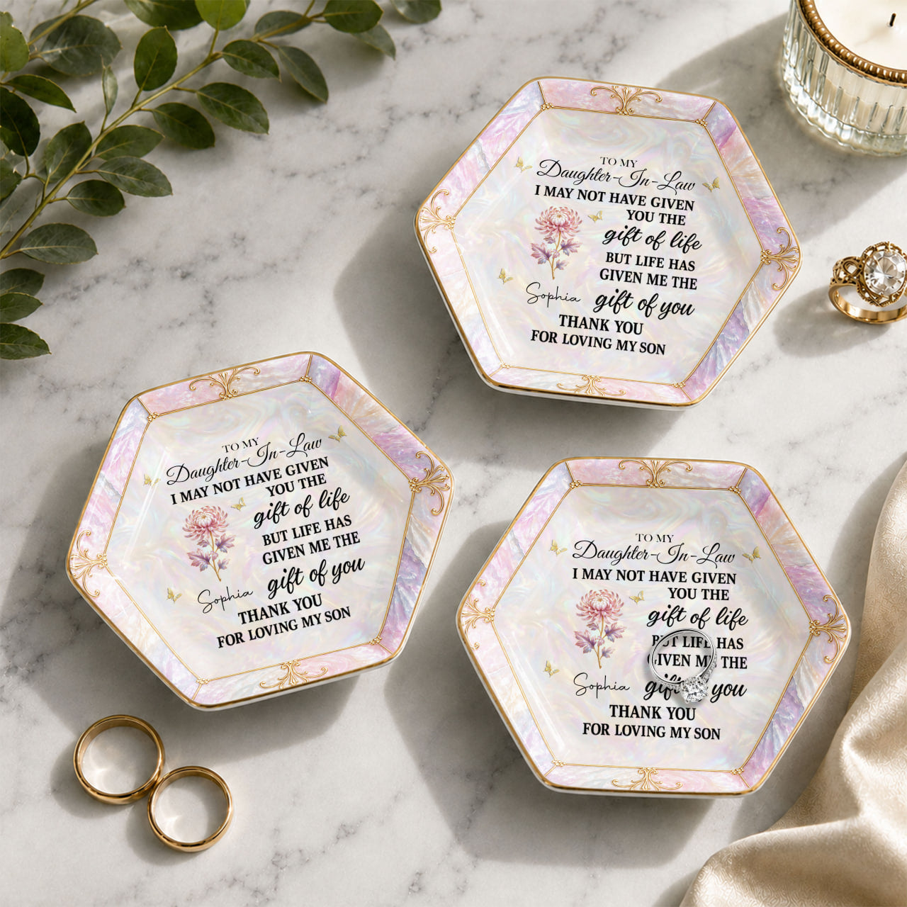 To My Daughter-In-Law Gift Of You Flower Butterfly - Personalized Custom Jewelry Dish, Ceramic Dish, Hexagonal Shape - DILA336_HECRD