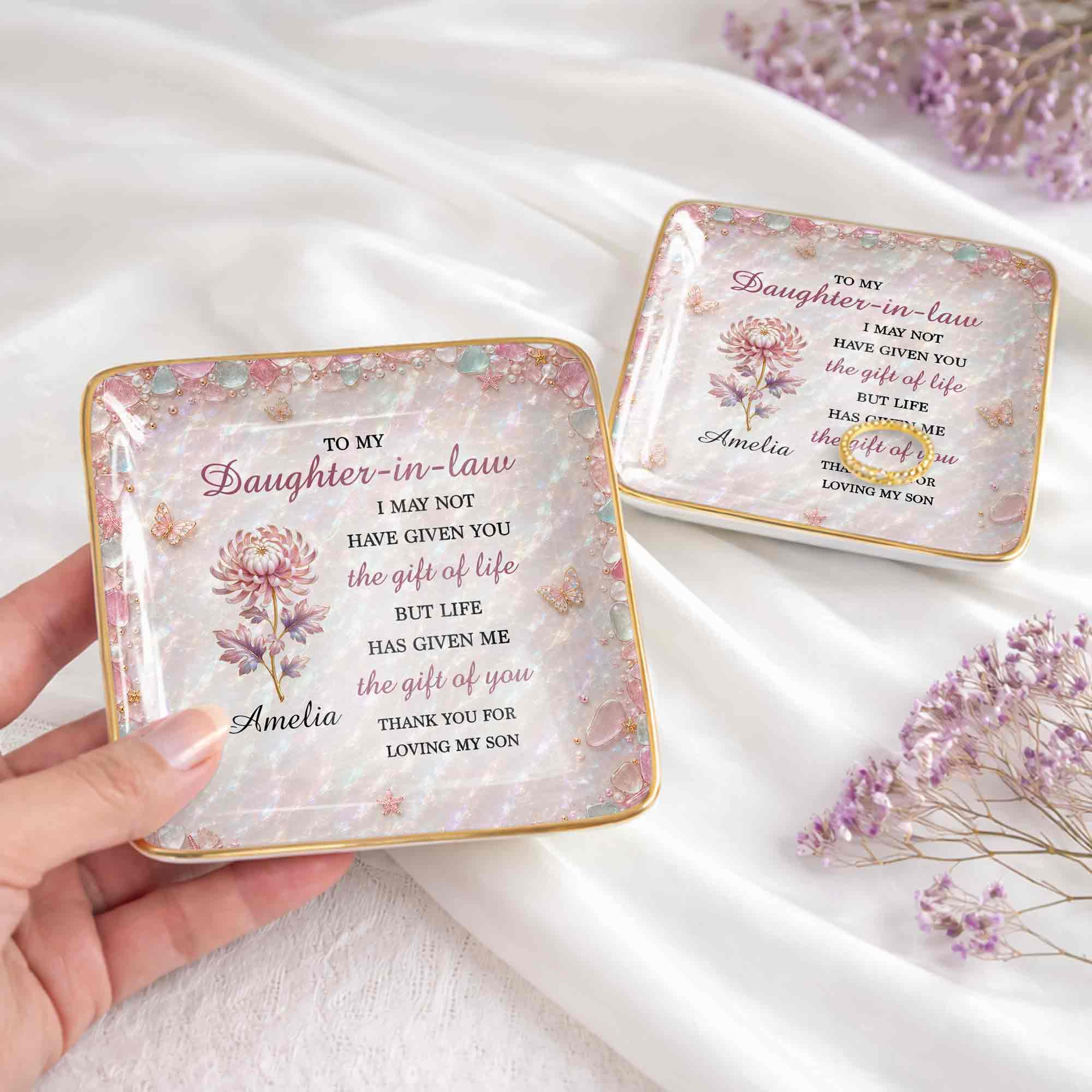 To My Daughter In Law Life Has Given Me The Gift Of You Flower Sea Glass - Personalized Custom Jewelry Dish, Ceramic Dish, Square Shape - DILA345_SCRF