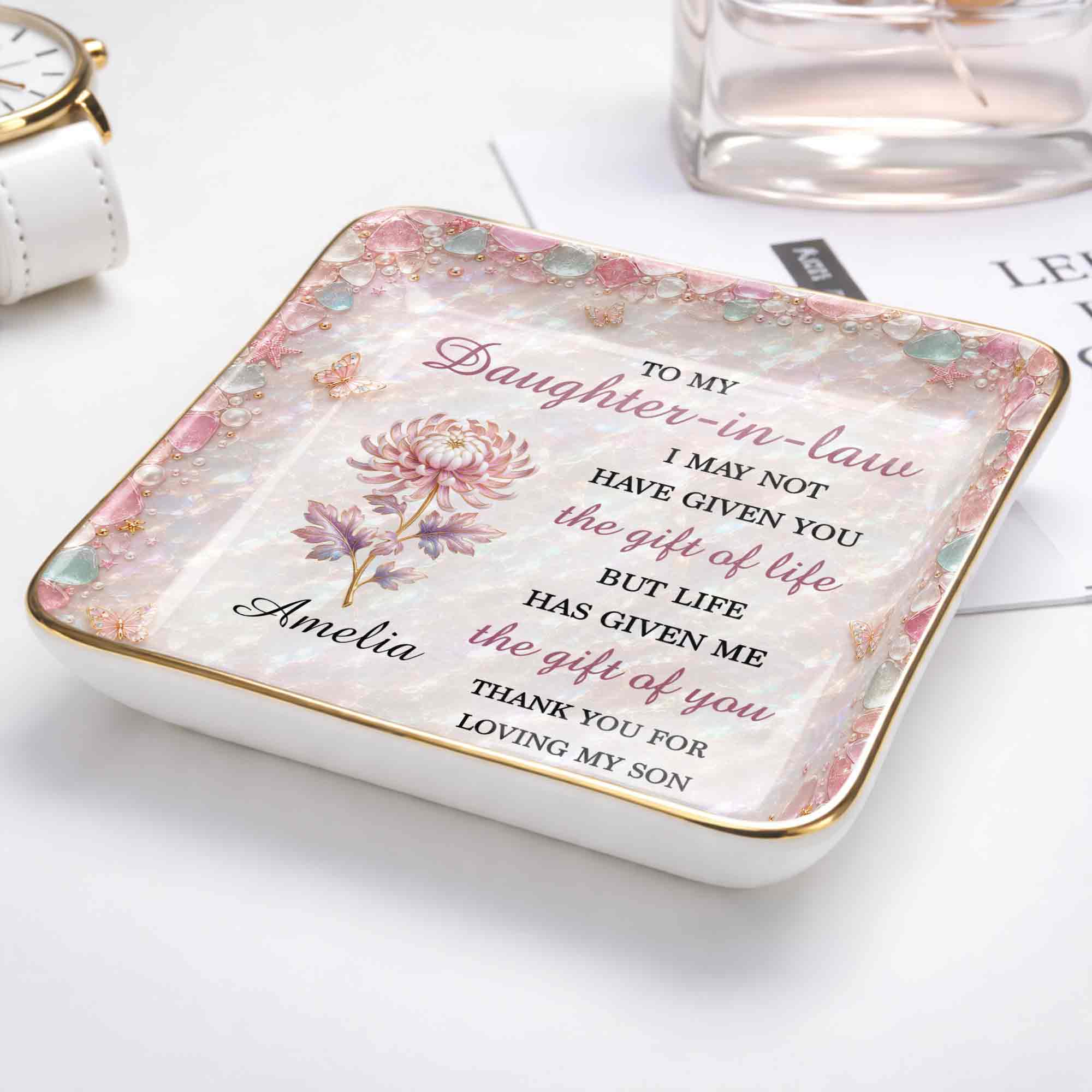 To My Daughter In Law Life Has Given Me The Gift Of You Flower Sea Glass - Personalized Custom Jewelry Dish, Ceramic Dish, Square Shape - DILA345_SCRF