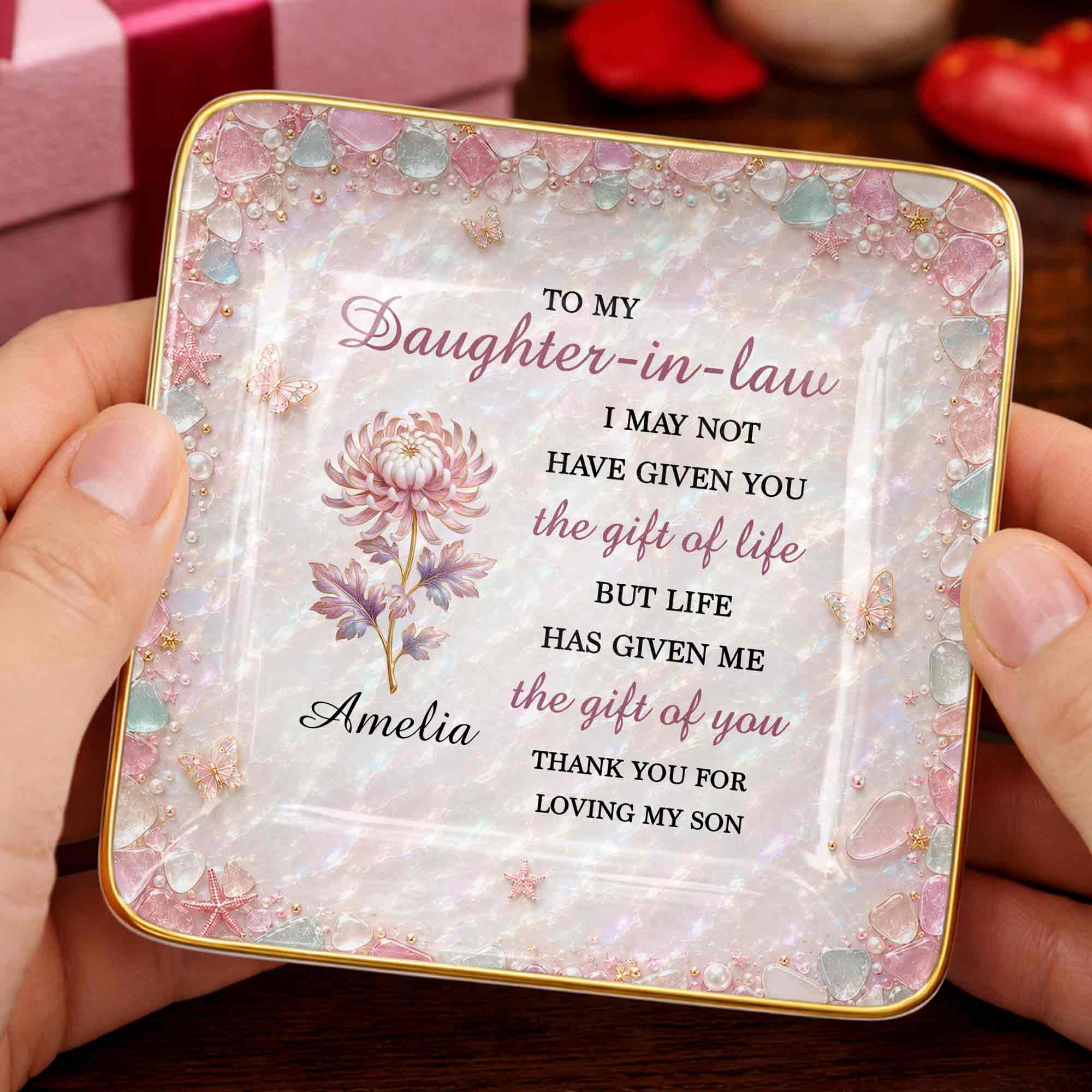 To My Daughter In Law Life Has Given Me The Gift Of You Flower Sea Glass - Personalized Custom Jewelry Dish, Ceramic Dish, Square Shape - DILA345_SCRF