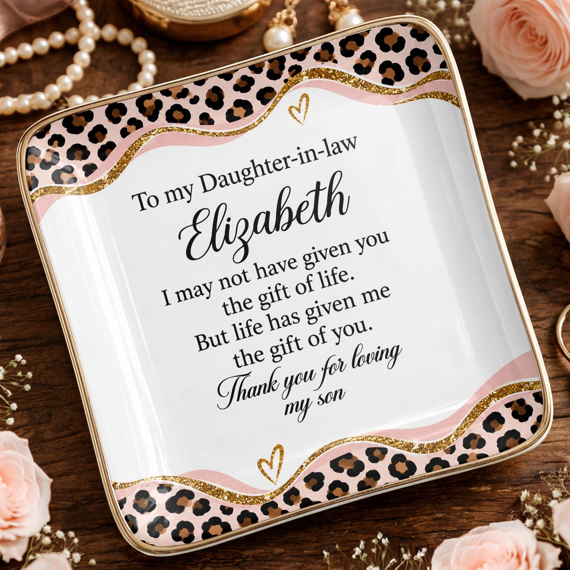 To My Daughter In Law Leopard Pattern Jewelry Dish Gift - Personalized Custom Jewelry Dish, Ceramic Dish, Square Shape - DILA354_SCRF