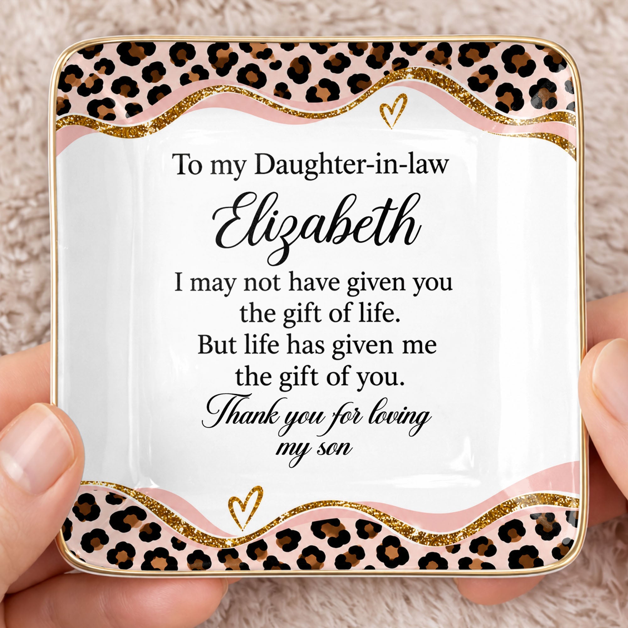 To My Daughter In Law Leopard Pattern Jewelry Dish Gift - Personalized Custom Jewelry Dish, Ceramic Dish, Square Shape - DILA354_SCRF