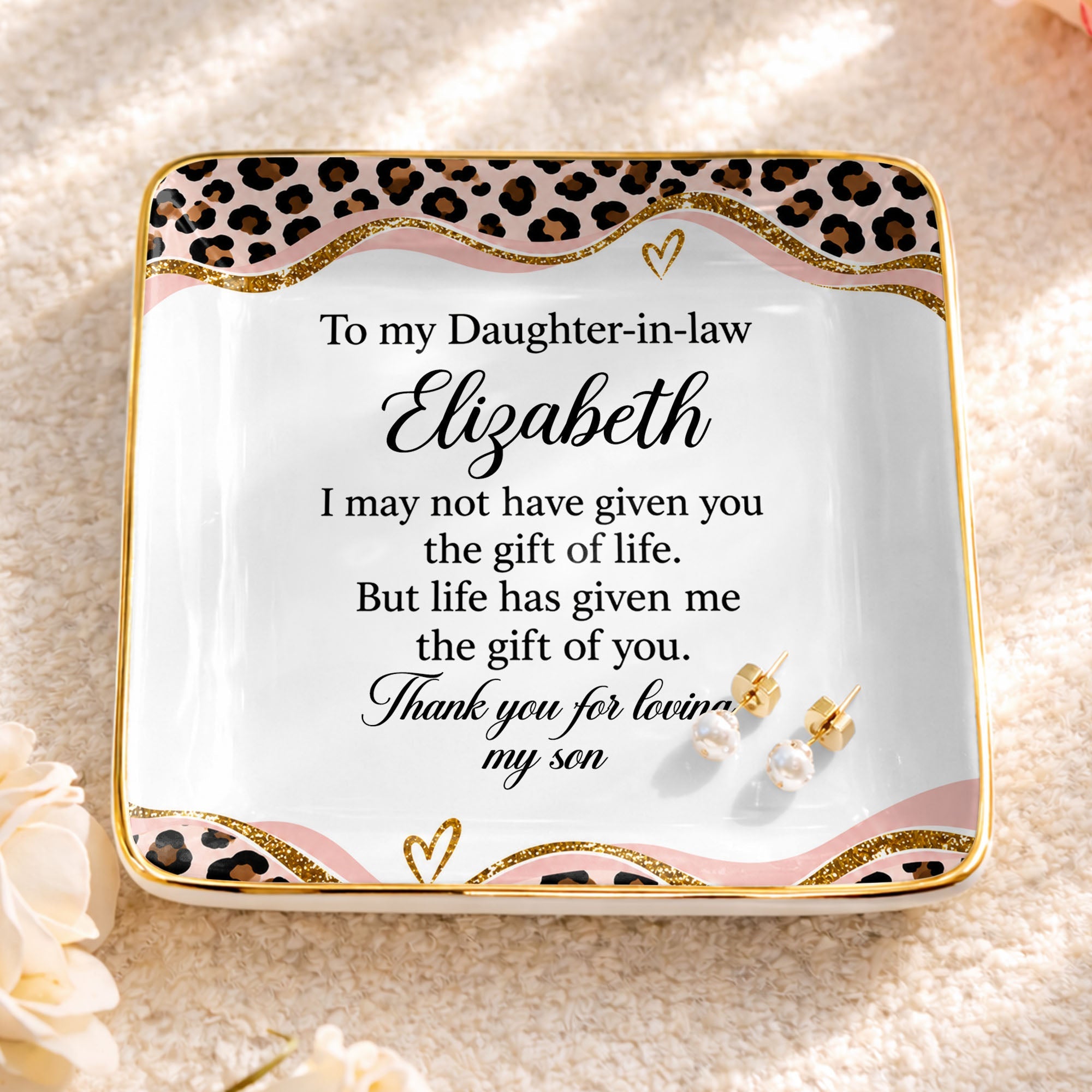 To My Daughter In Law Leopard Pattern Jewelry Dish Gift - Personalized Custom Jewelry Dish, Ceramic Dish, Square Shape - DILA354_SCRF