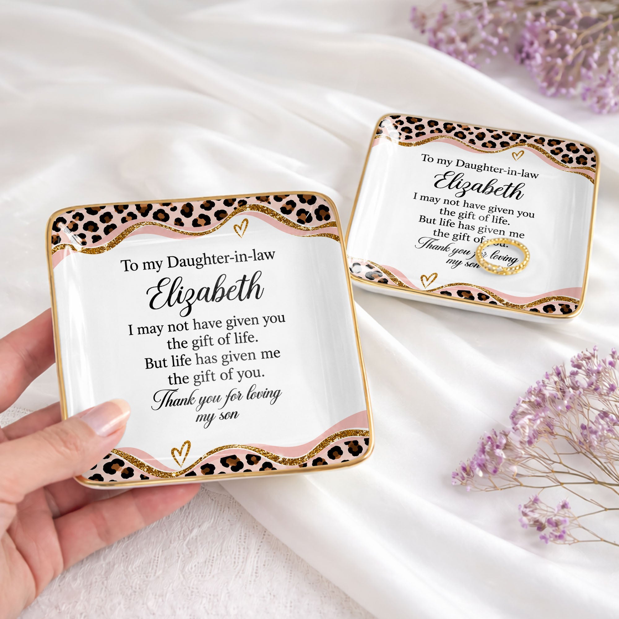 To My Daughter In Law Leopard Pattern Jewelry Dish Gift - Personalized Custom Jewelry Dish, Ceramic Dish, Square Shape - DILA354_SCRF
