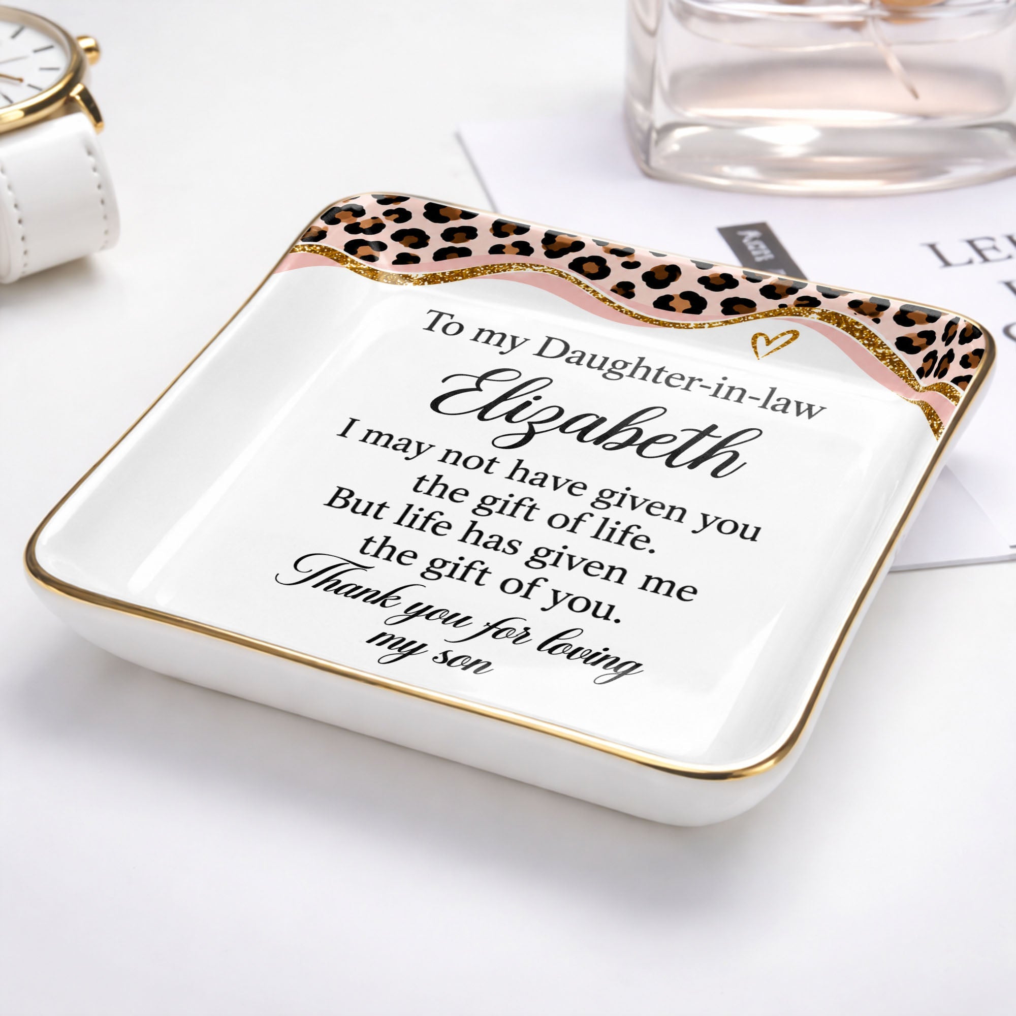 To My Daughter In Law Leopard Pattern Jewelry Dish Gift - Personalized Custom Jewelry Dish, Ceramic Dish, Square Shape - DILA354_SCRF