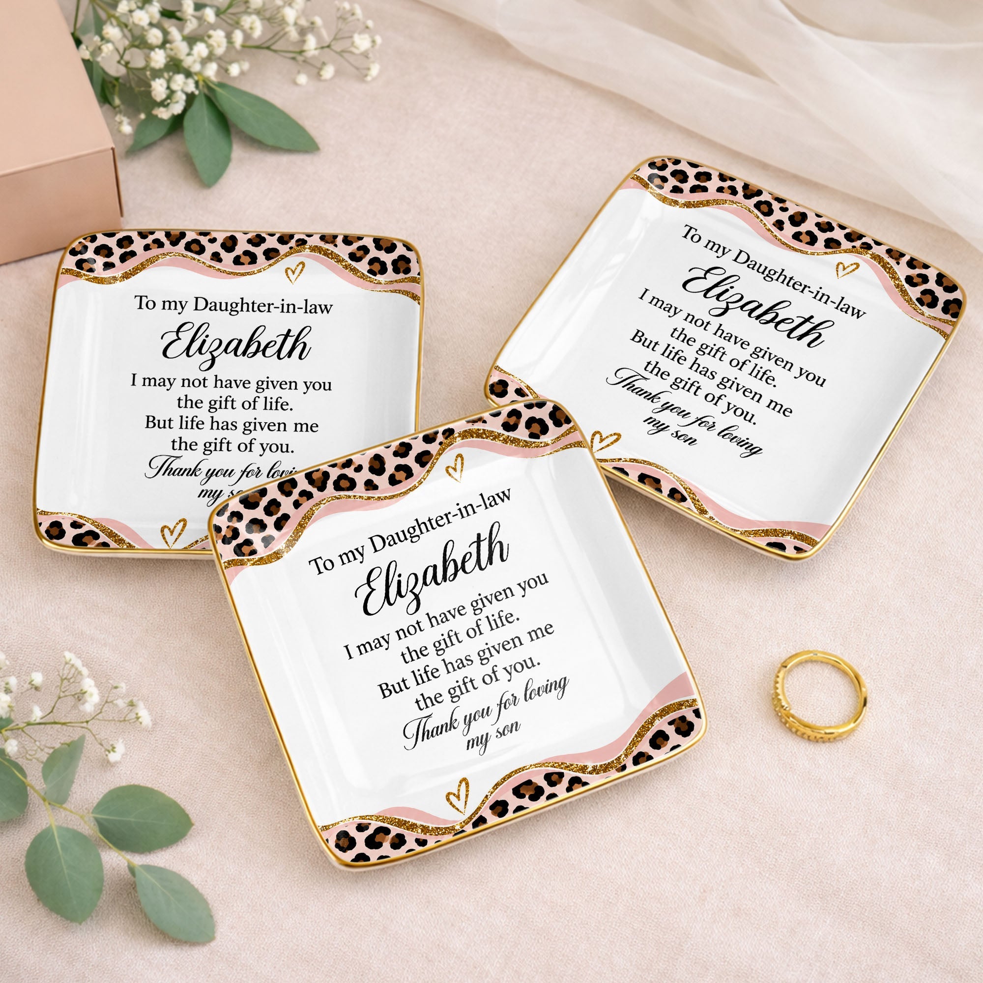 To My Daughter In Law Leopard Pattern Jewelry Dish Gift - Personalized Custom Jewelry Dish, Ceramic Dish, Square Shape - DILA354_SCRF