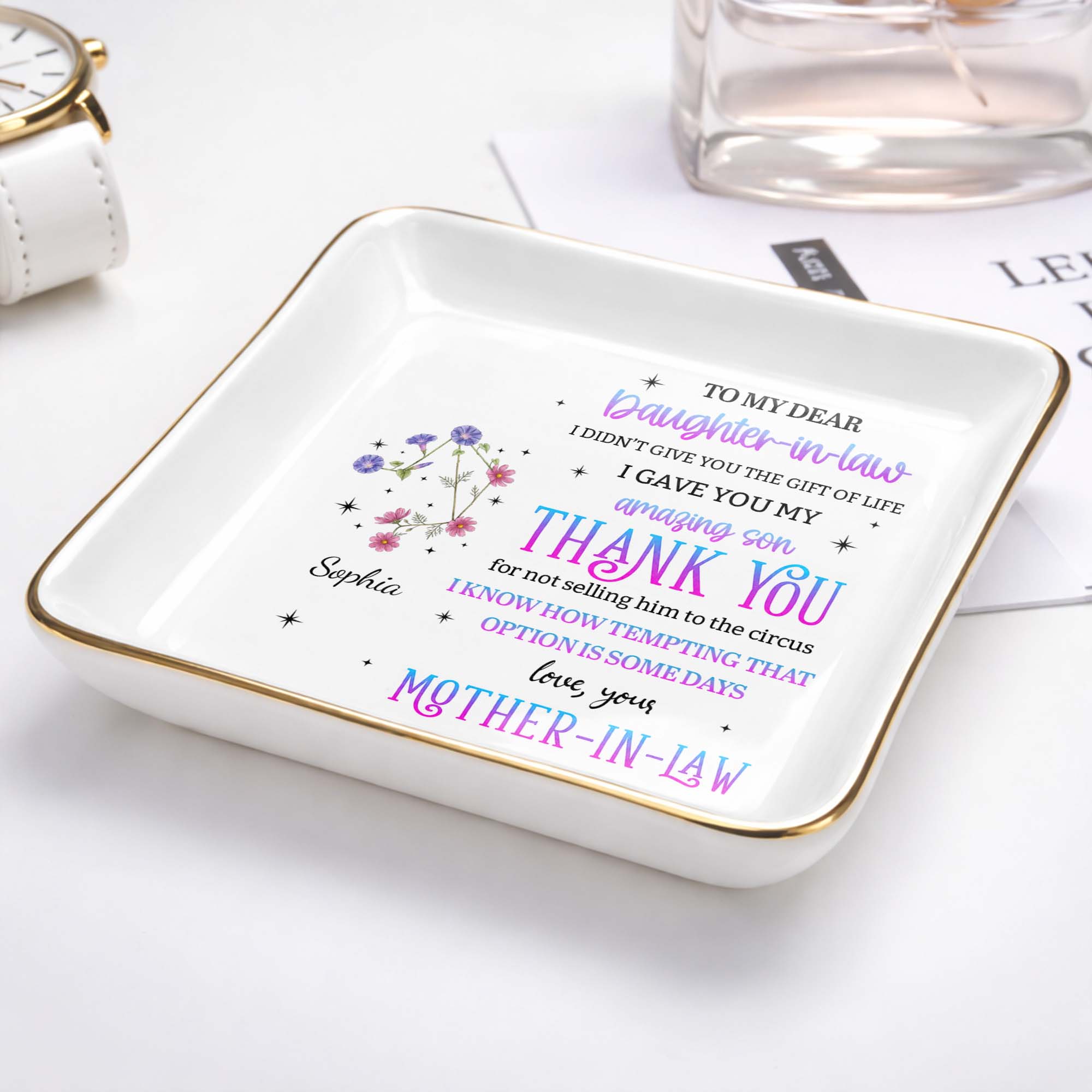 To My Dear Daughter In Law Flower Thank You For Not Selling Him - Personalized Custom Jewelry Dish, Ceramic Dish, Square Shape - DILA356_SCRF