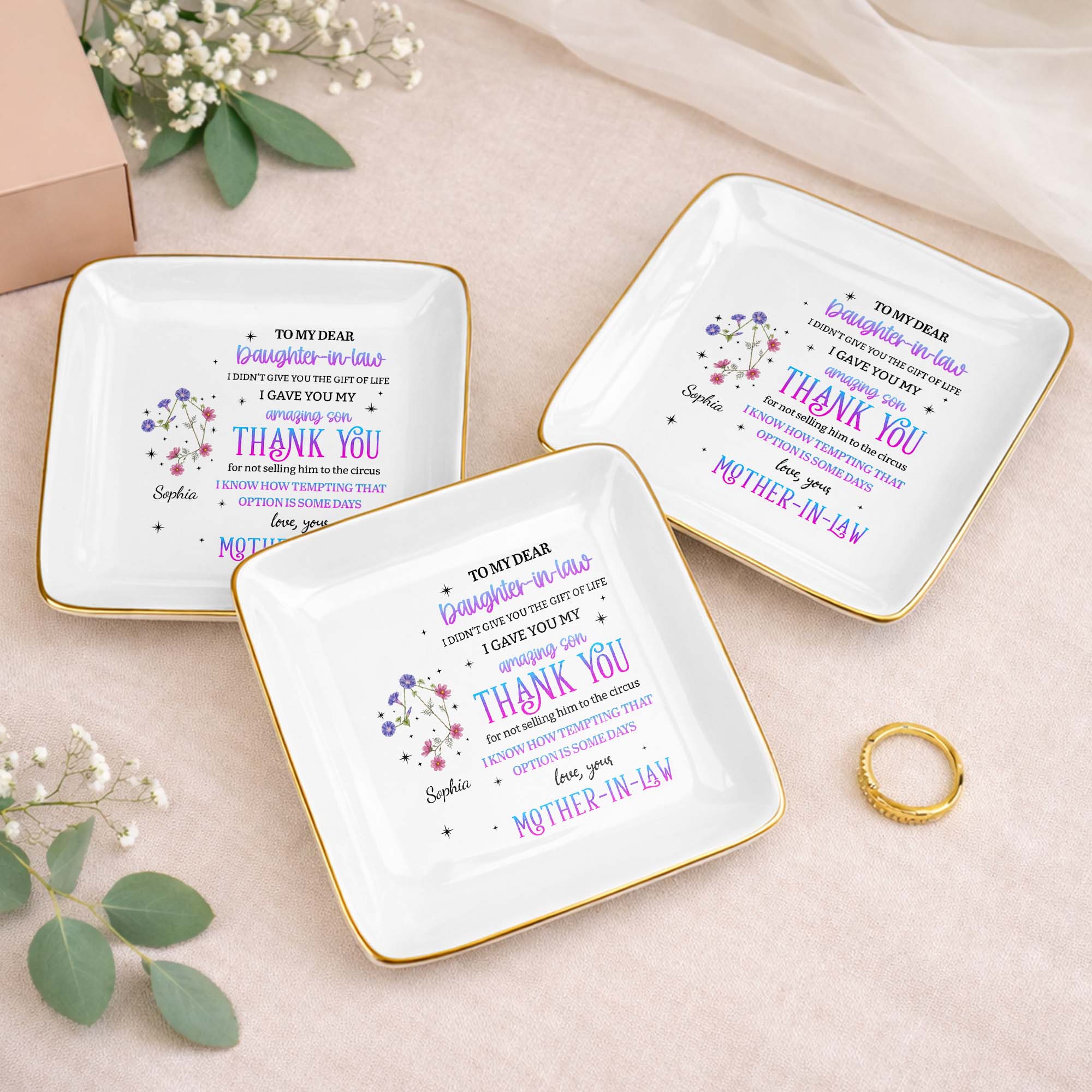 To My Dear Daughter In Law Flower Thank You For Not Selling Him - Personalized Custom Jewelry Dish, Ceramic Dish, Square Shape - DILA356_SCRF