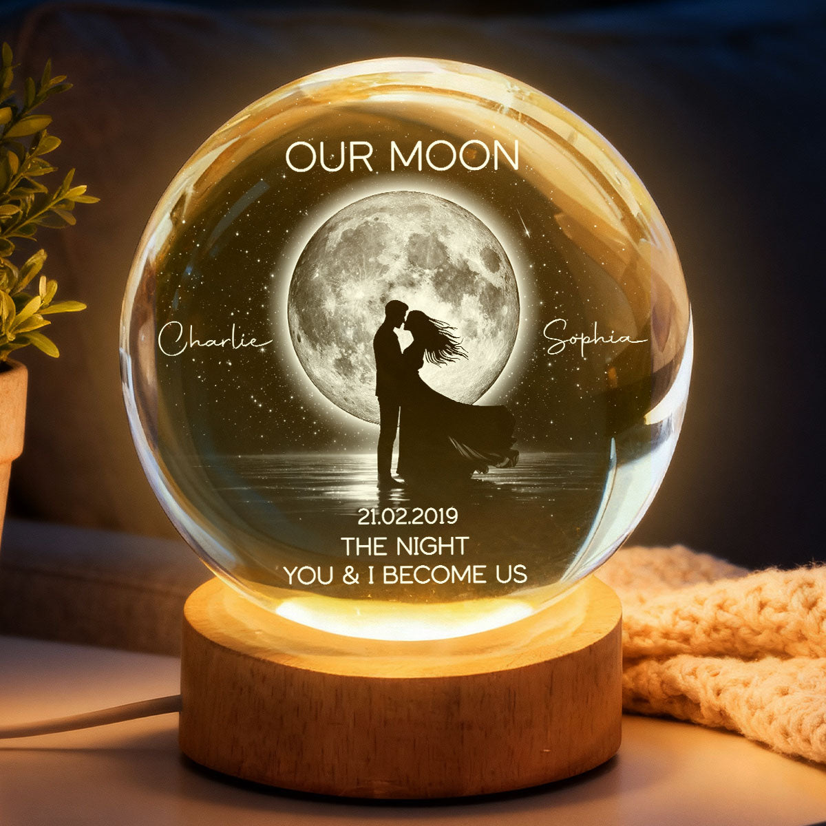 Couple Kissing Under the Moonlight, Custom Moon Phase by Date - Personalized Crystal Ball LED Night Light