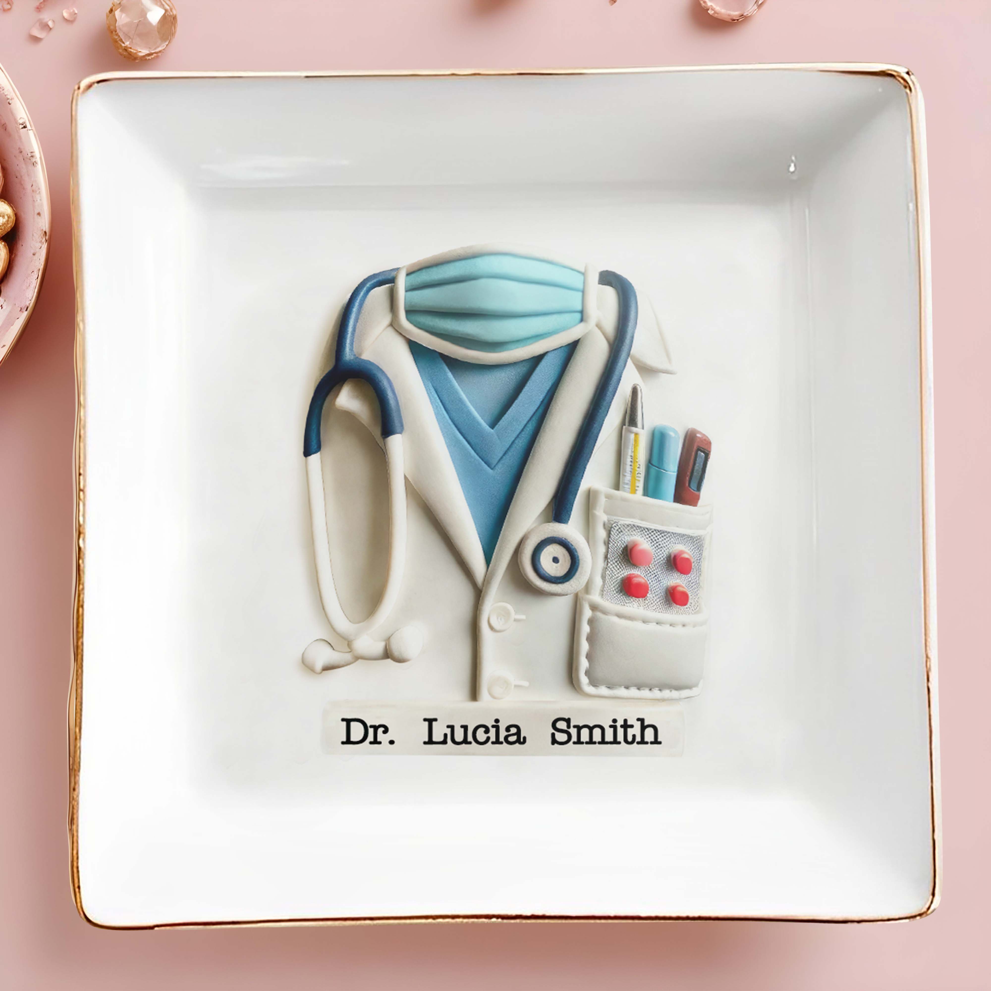 Perfect Gift For Healthcare Professionals, Stethoscope and Medical Coat - Personalized Custom Jewelry Dish, Square Ceramic Dish - DOC003_SCRD