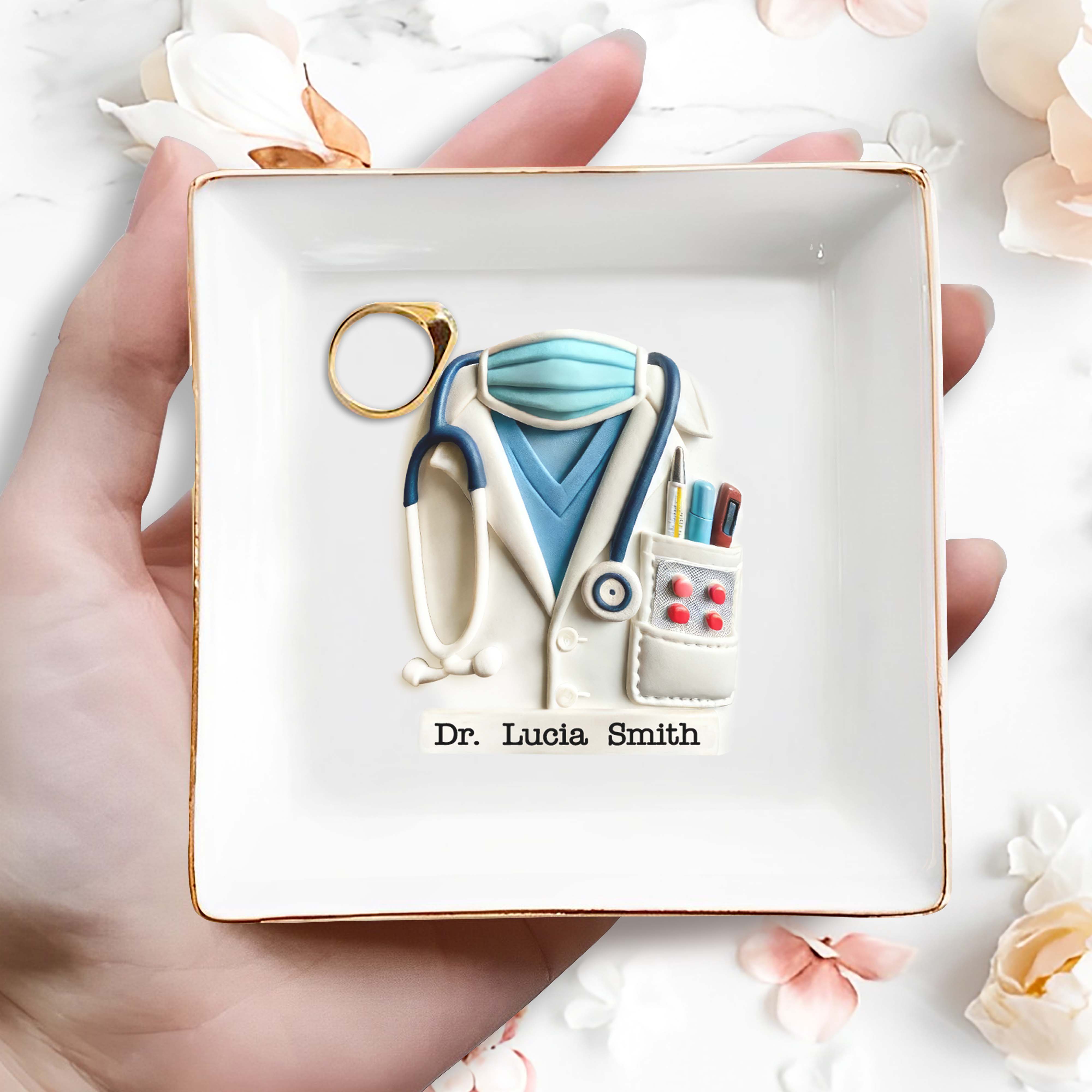 Perfect Gift For Healthcare Professionals, Stethoscope and Medical Coat - Personalized Custom Jewelry Dish, Square Ceramic Dish - DOC003_SCRD
