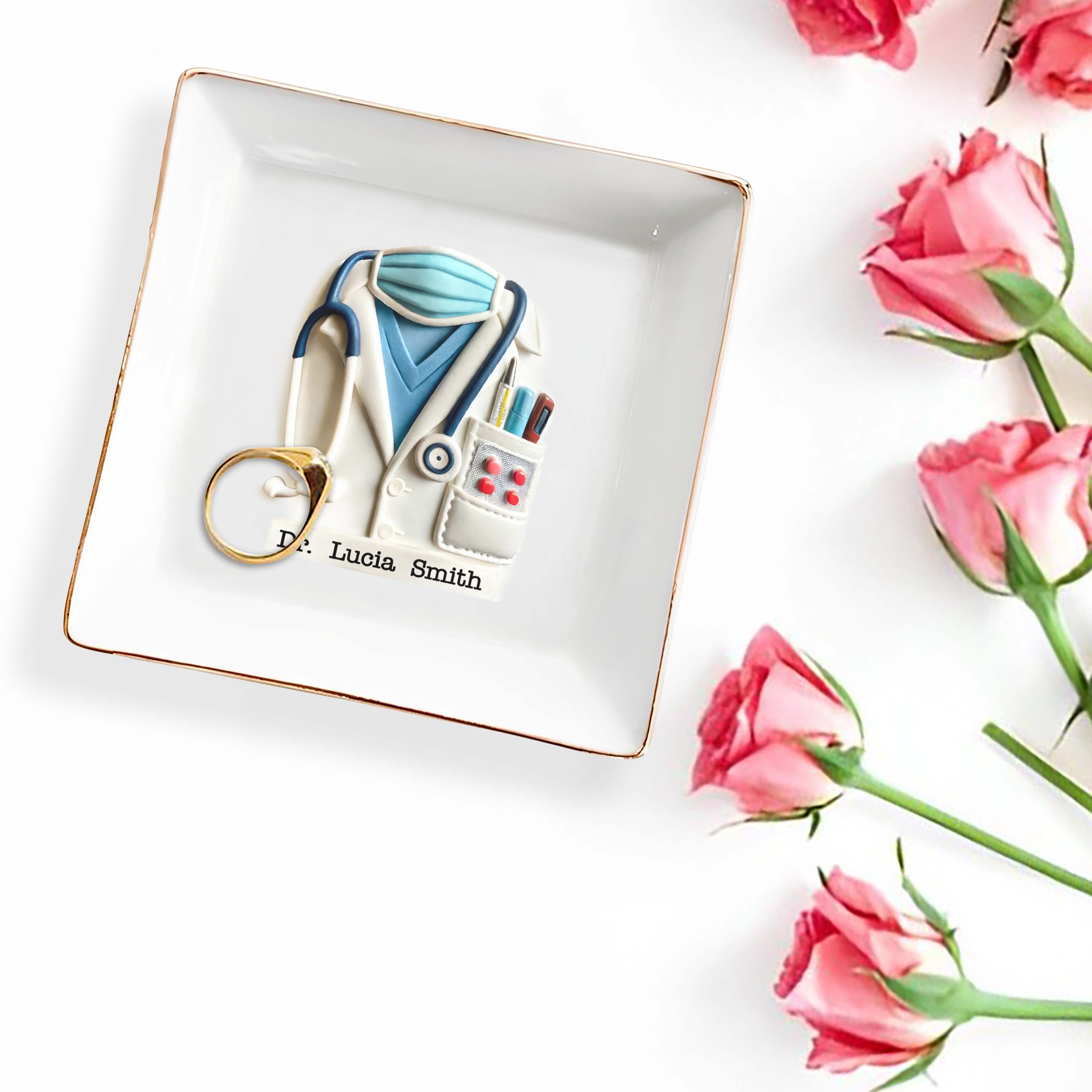 Perfect Gift For Healthcare Professionals, Stethoscope and Medical Coat - Personalized Custom Jewelry Dish, Square Ceramic Dish - DOC003_SCRD