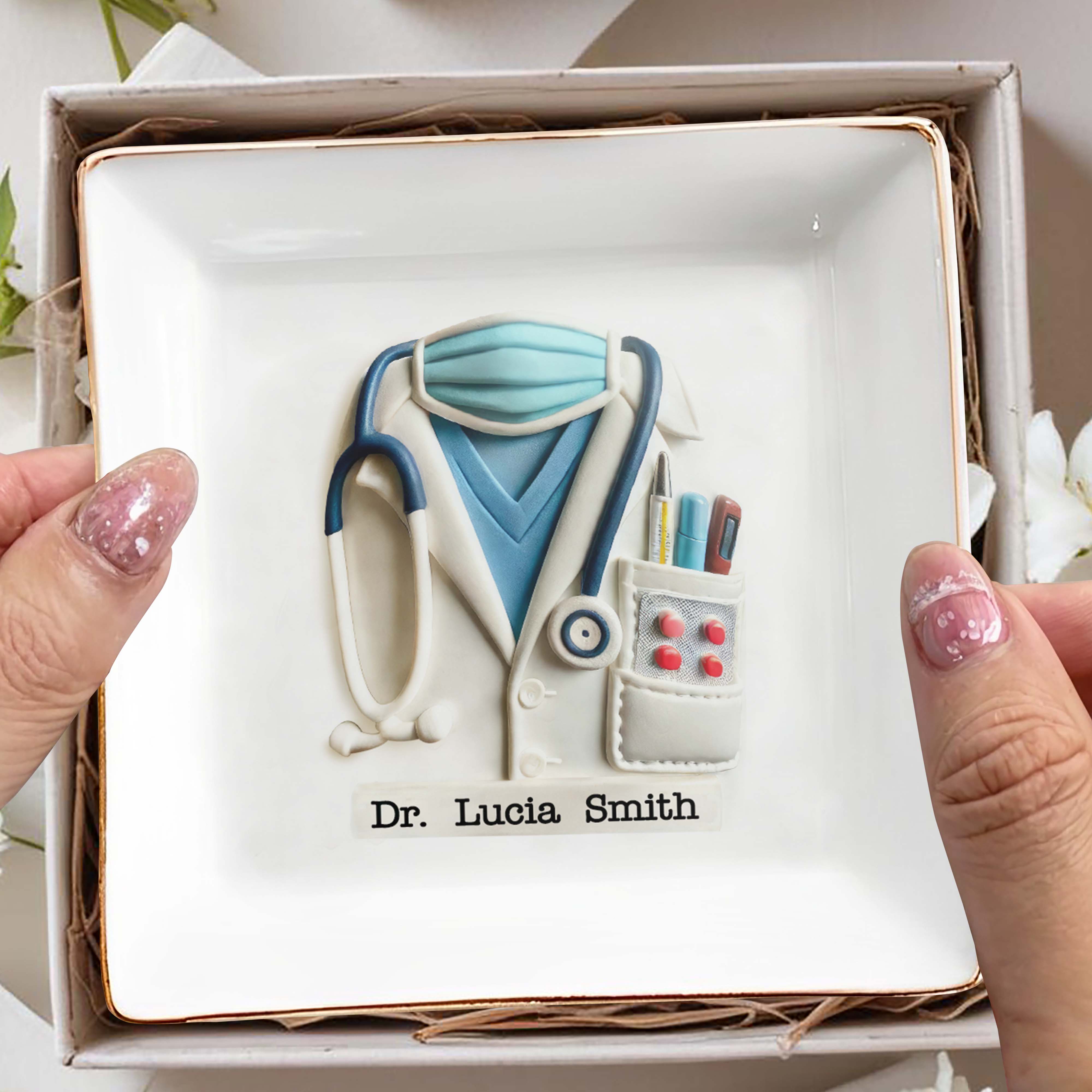 Perfect Gift For Healthcare Professionals, Stethoscope and Medical Coat - Personalized Custom Jewelry Dish, Square Ceramic Dish - DOC003_SCRD