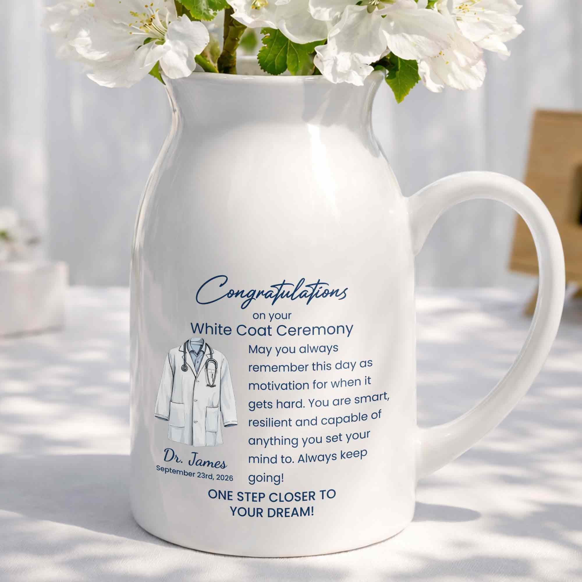 Congratulations On Your White Coat Ceremony With Medical Uniform Design - Personalized Ceramic Flower Vase