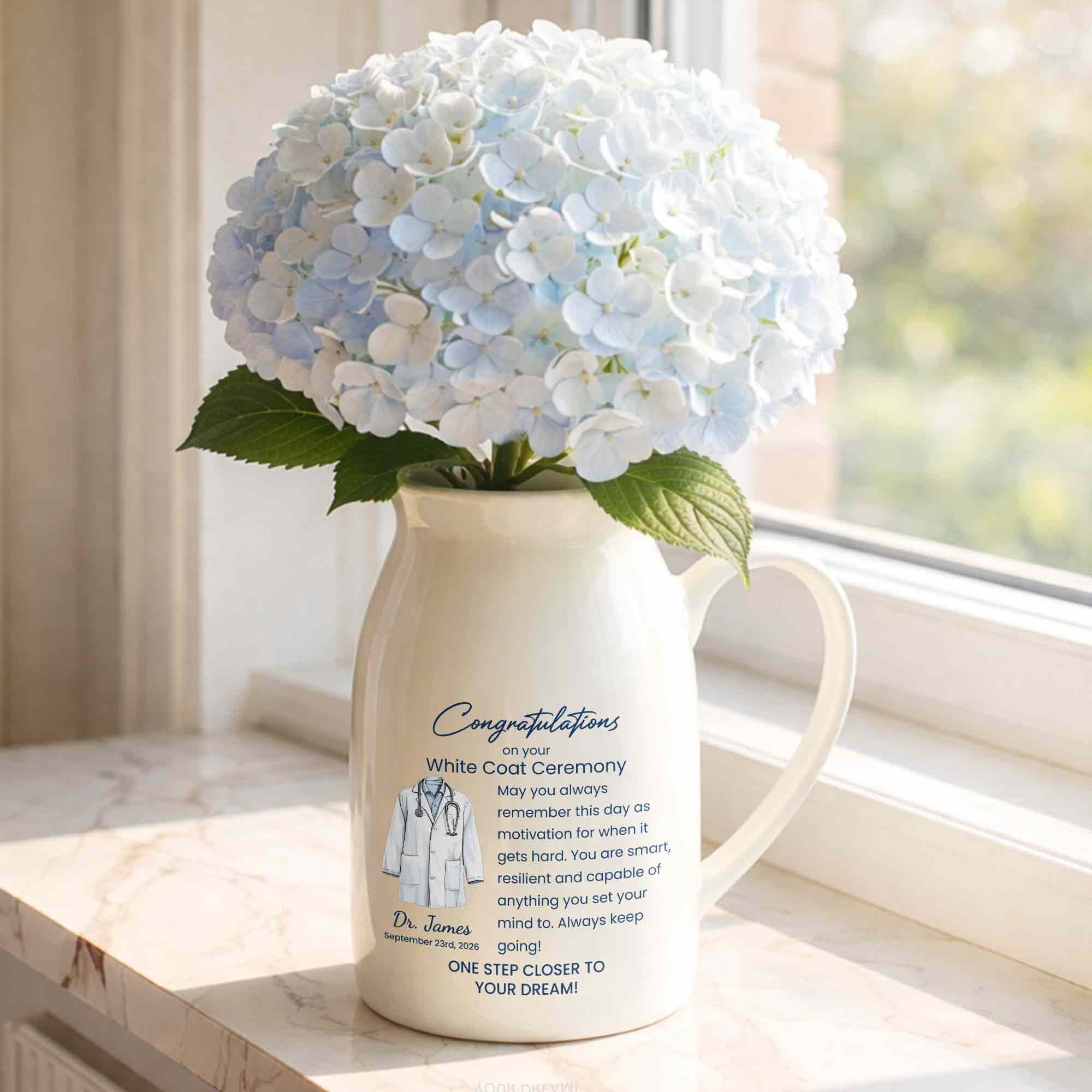 Congratulations On Your White Coat Ceremony With Medical Uniform Design - Personalized Ceramic Flower Vase
