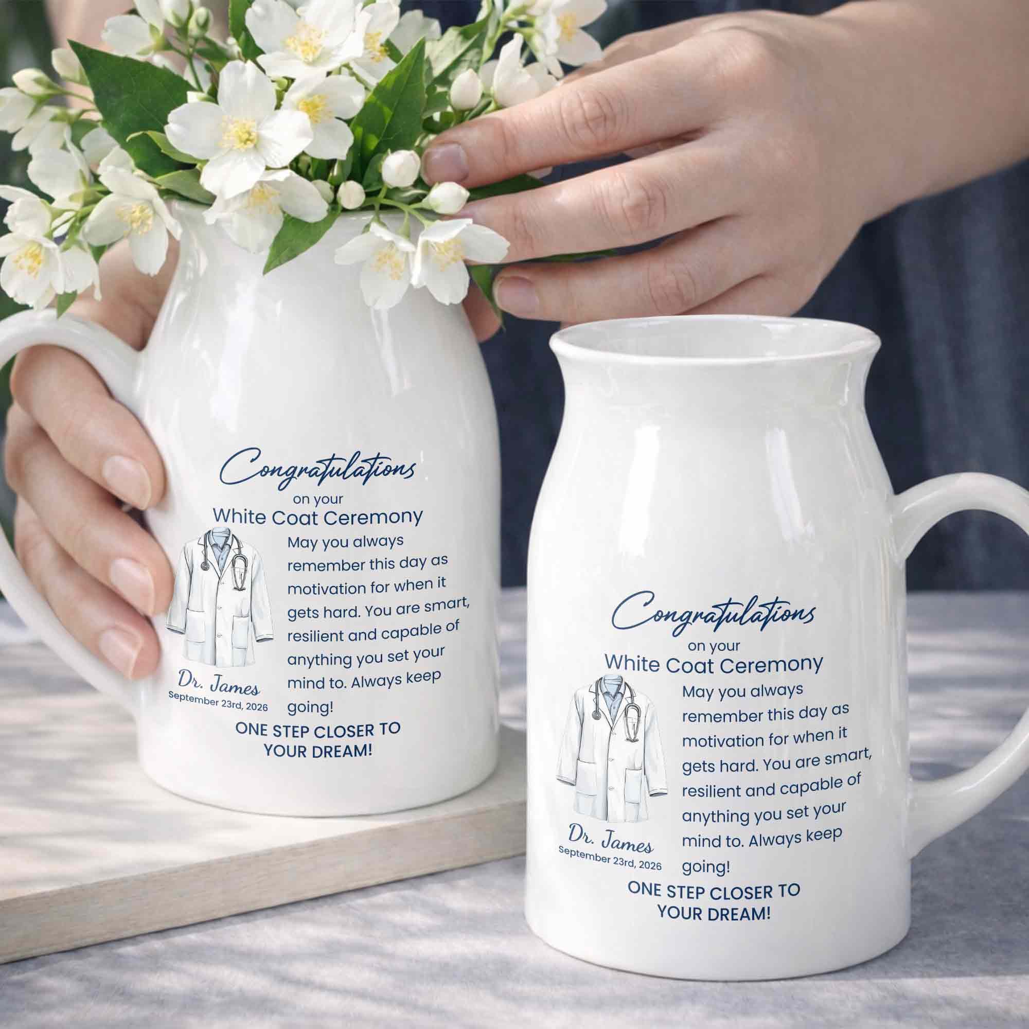 Congratulations On Your White Coat Ceremony With Medical Uniform Design - Personalized Ceramic Flower Vase