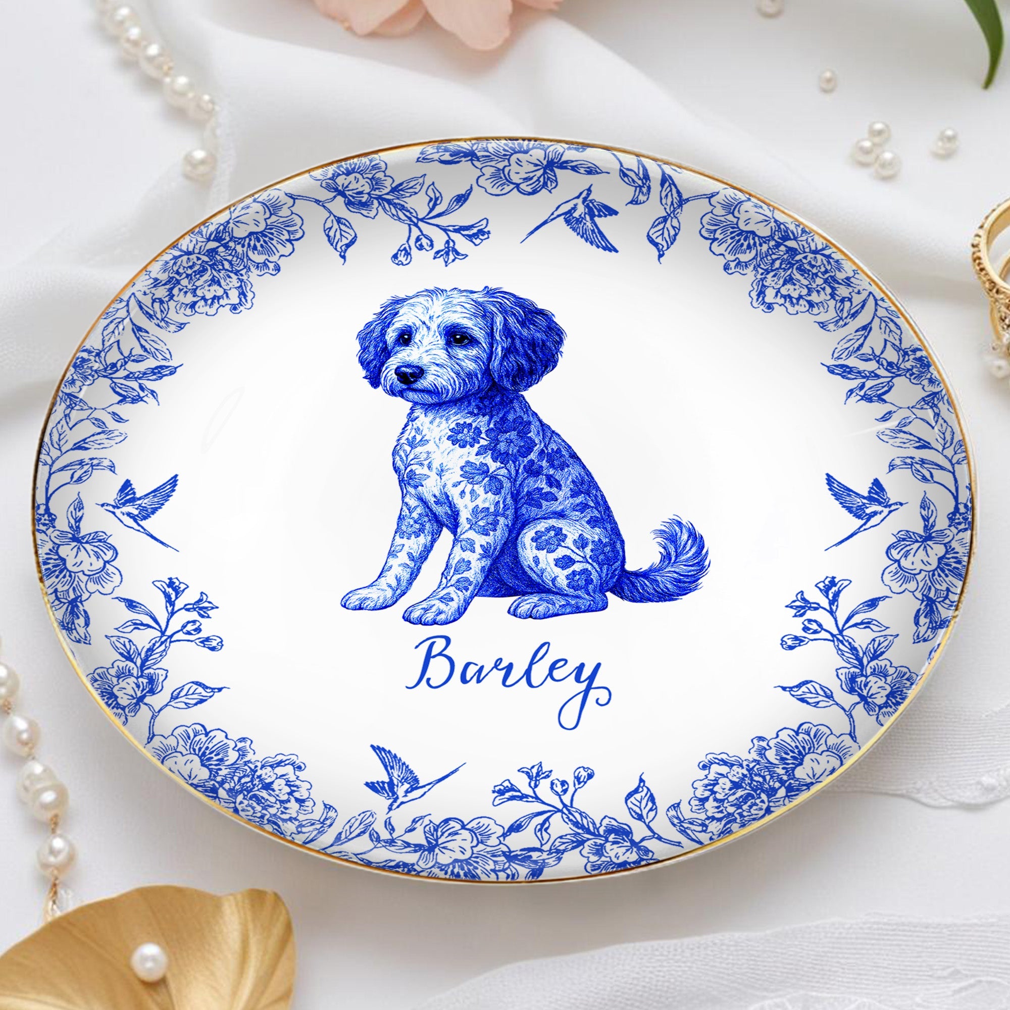Celebrate Your Furry Friend With Elegant Floral Dog Design - Personalized Custom Jewelry Dish, Ceramic Dish, Round Shape - DOG049_RCRF