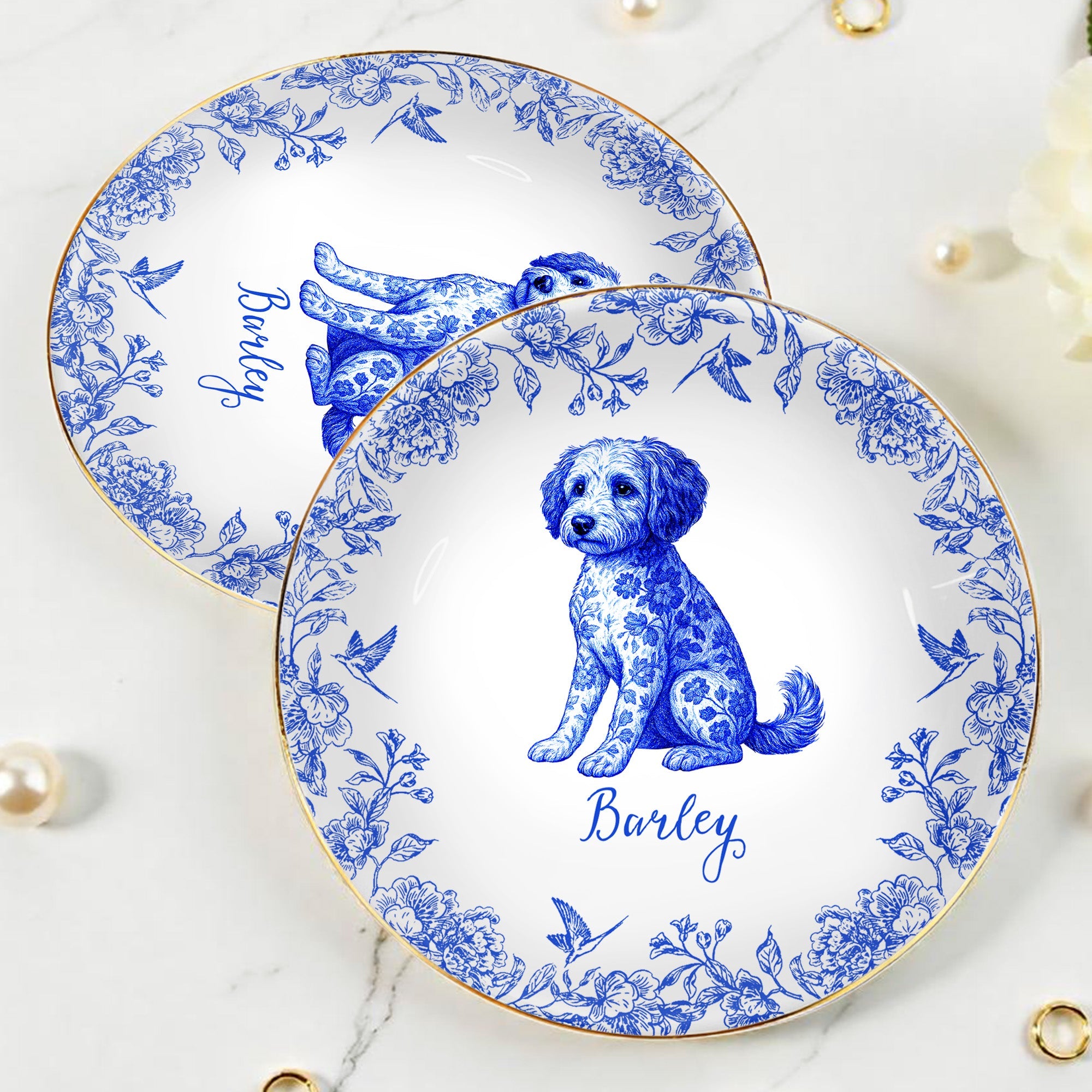 Celebrate Your Furry Friend With Elegant Floral Dog Design - Personalized Custom Jewelry Dish, Ceramic Dish, Round Shape - DOG049_RCRF