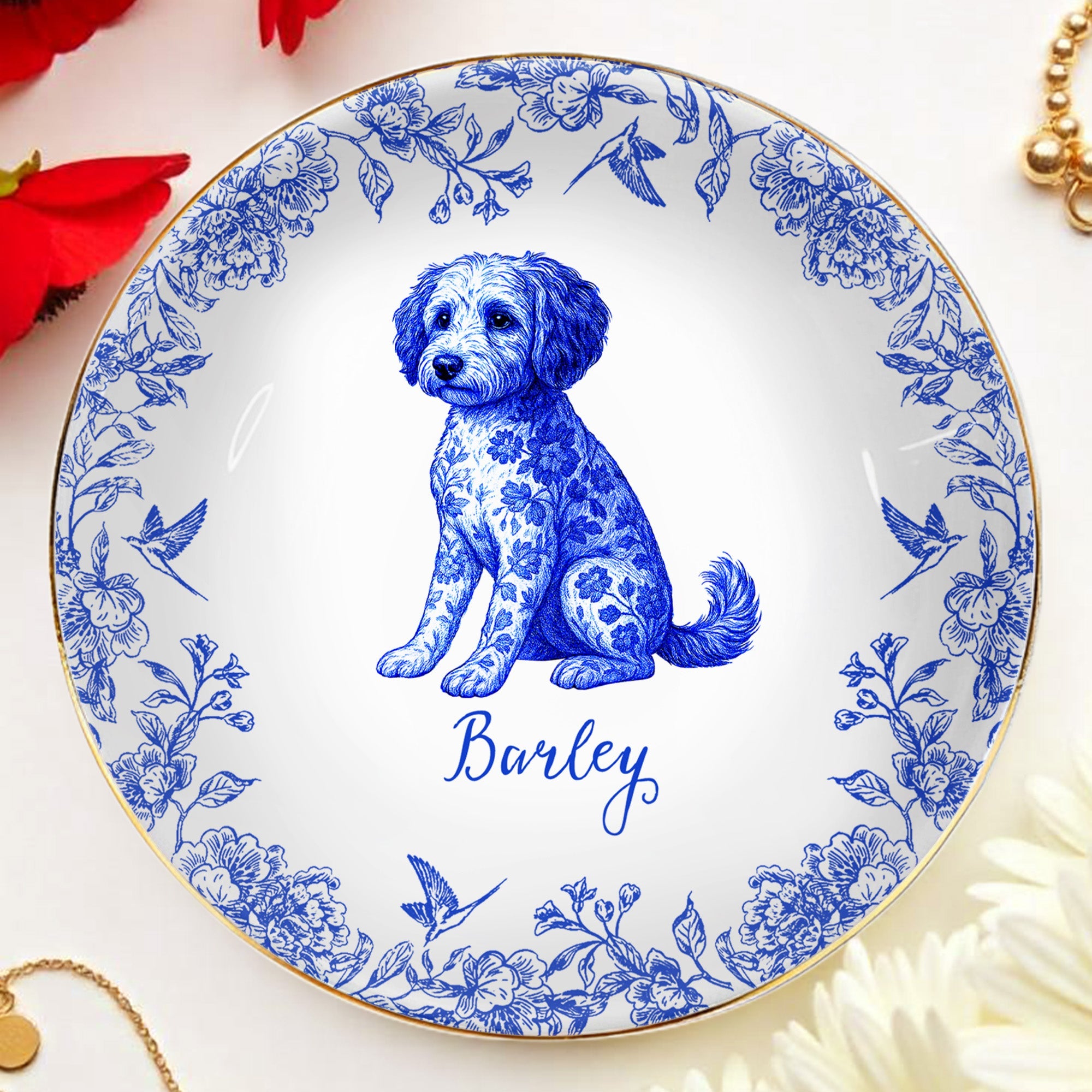 Celebrate Your Furry Friend With Elegant Floral Dog Design - Personalized Custom Jewelry Dish, Ceramic Dish, Round Shape - DOG049_RCRF