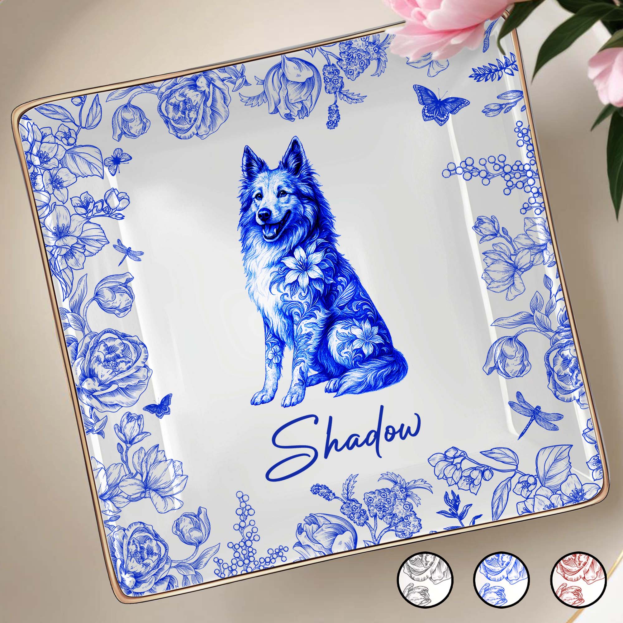 Beautiful Flowers And Pet Love - Personalized Custom Jewelry Dish, Ceramic Dish, Square Shape - DOG050_SCRF