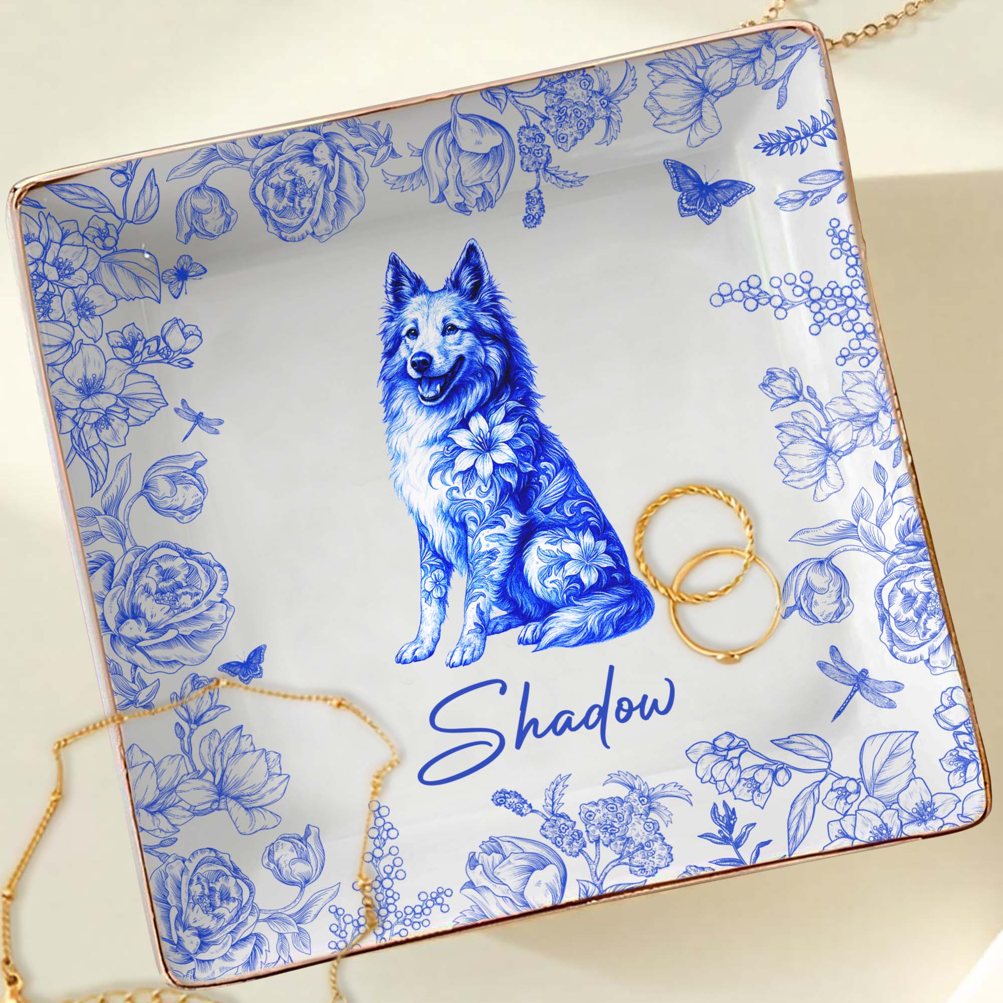 Beautiful Flowers And Pet Love - Personalized Custom Jewelry Dish, Ceramic Dish, Square Shape - DOG050_SCRF