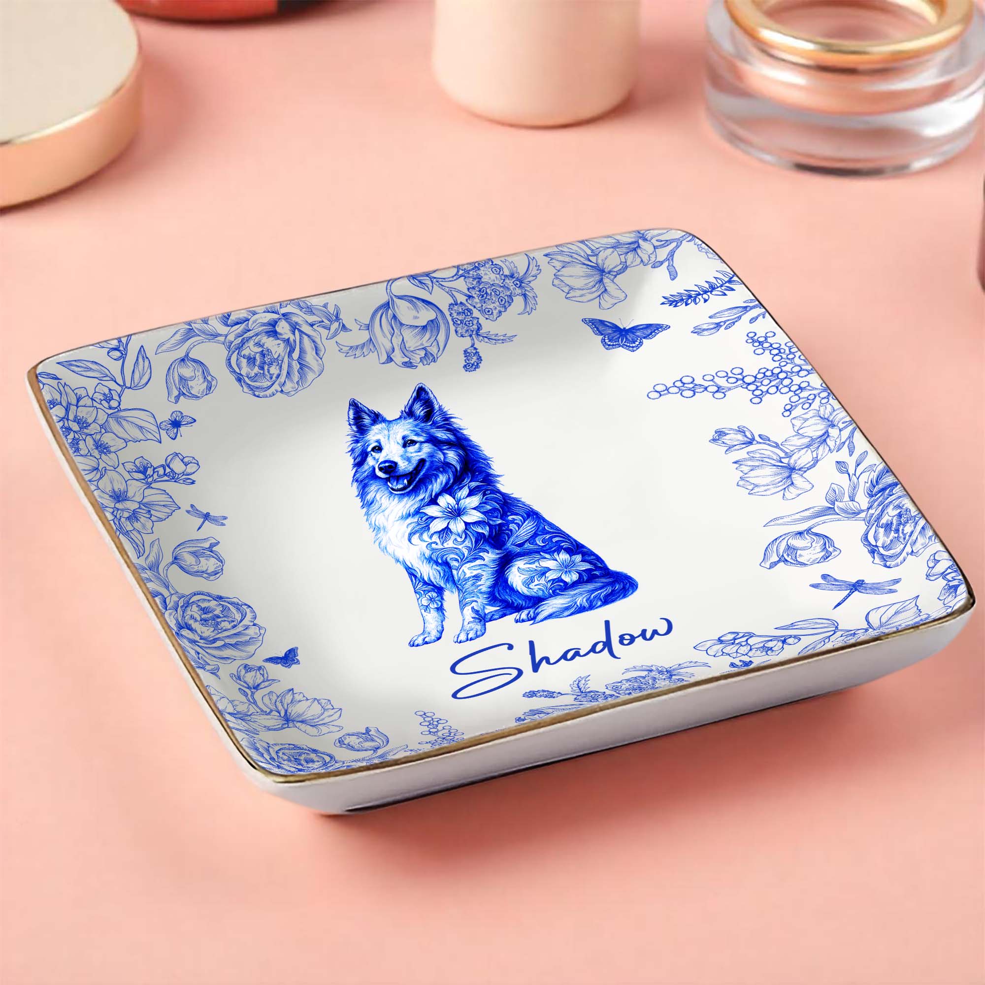 Beautiful Flowers And Pet Love - Personalized Custom Jewelry Dish, Ceramic Dish, Square Shape - DOG050_SCRF