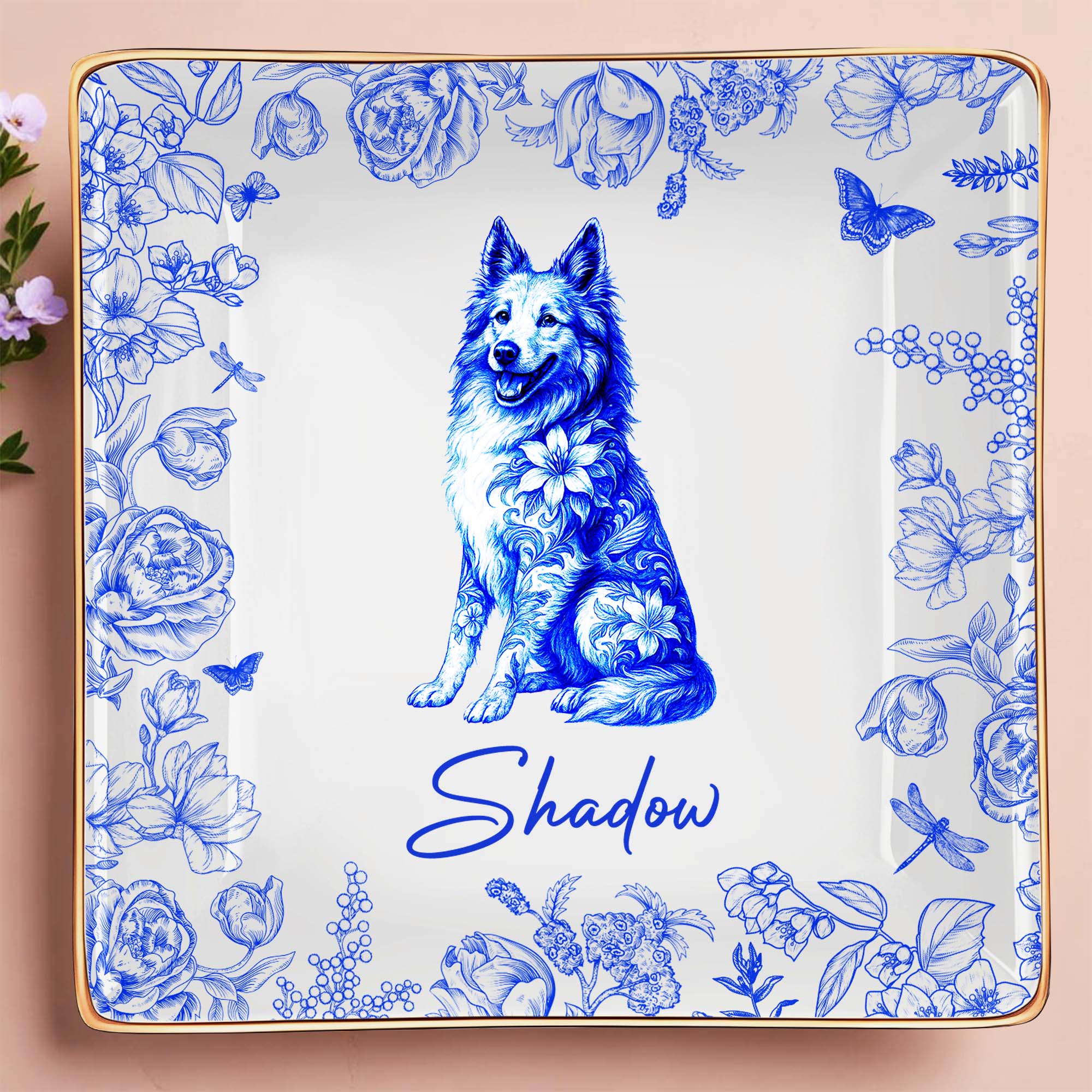 Beautiful Flowers And Pet Love - Personalized Custom Jewelry Dish, Ceramic Dish, Square Shape - DOG050_SCRF
