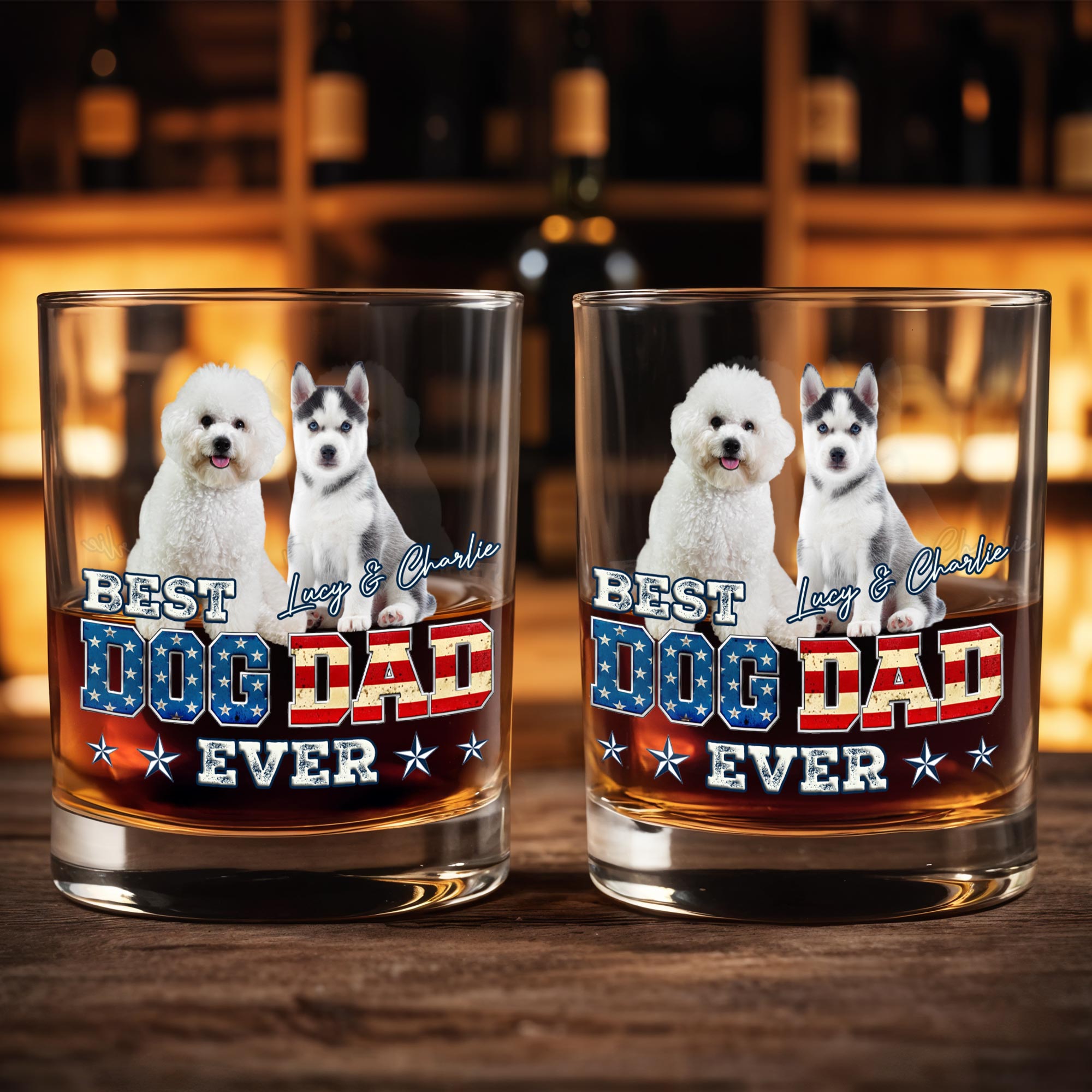 Best Dog Dad Ever With American Flag Dogs - Personalized Custom Whiskey Glass - DOG133_RWG