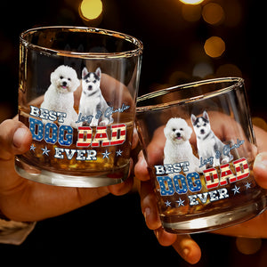 Best Dog Dad Ever With American Flag Dogs - Personalized Custom Whiskey Glass - DOG133_RWG