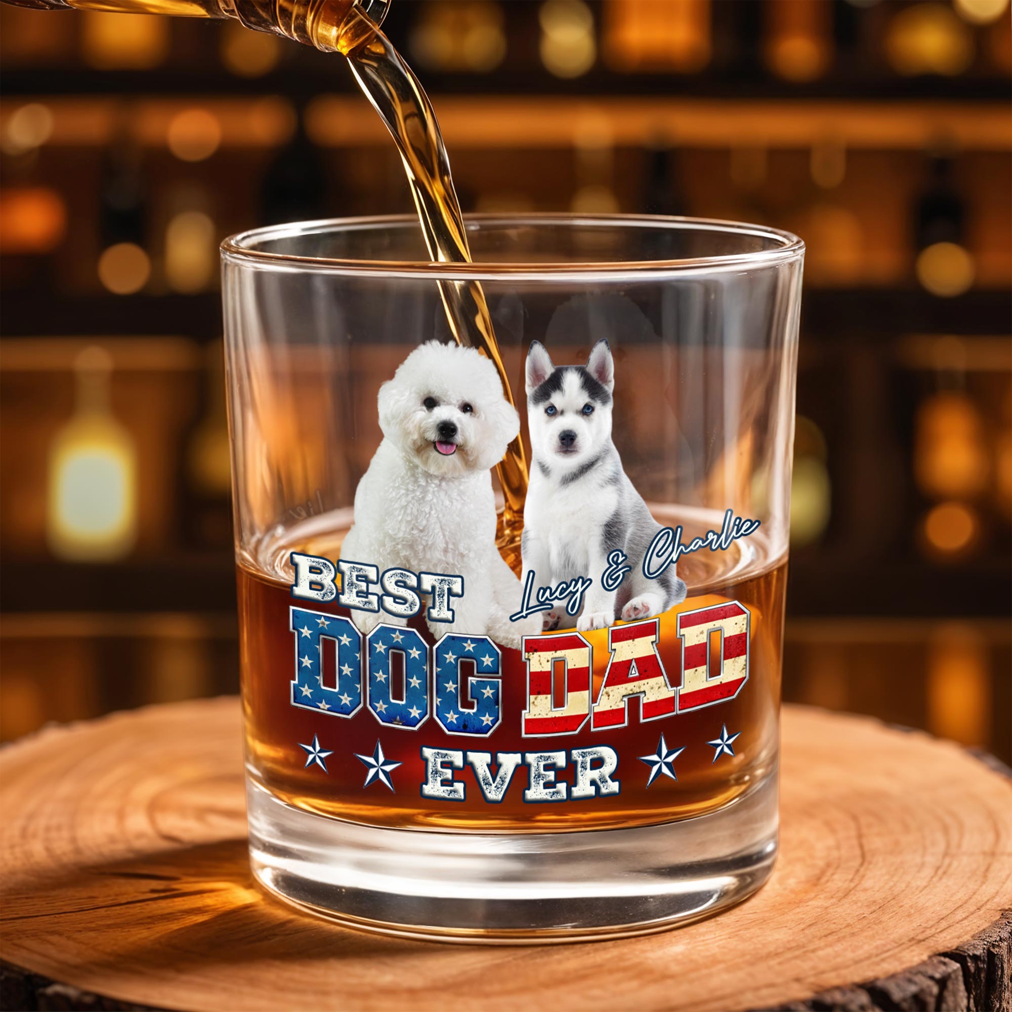 Best Dog Dad Ever With American Flag Dogs - Personalized Custom Whiskey Glass - DOG133_RWG