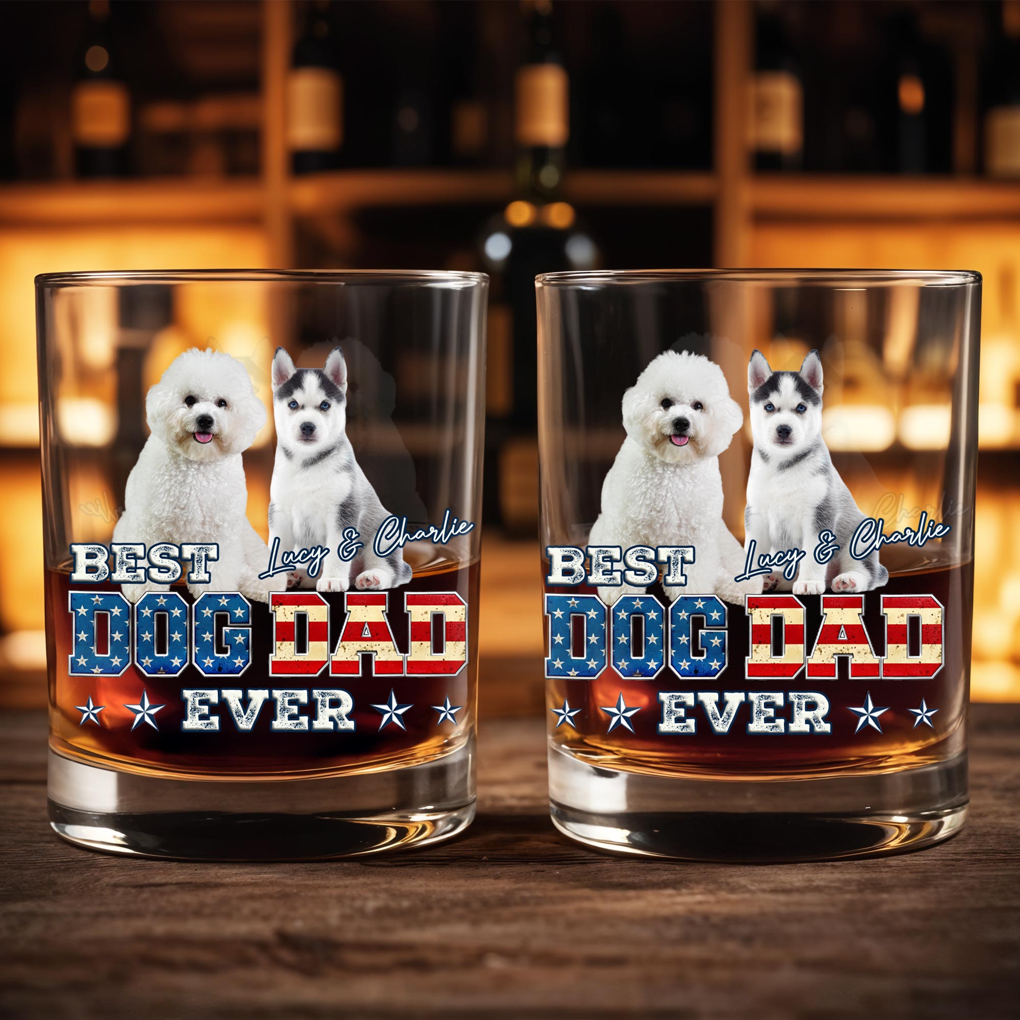 Best Dog Dad Ever With American Flag Dogs - Personalized Custom Whiskey Glass - DOG133_RWG