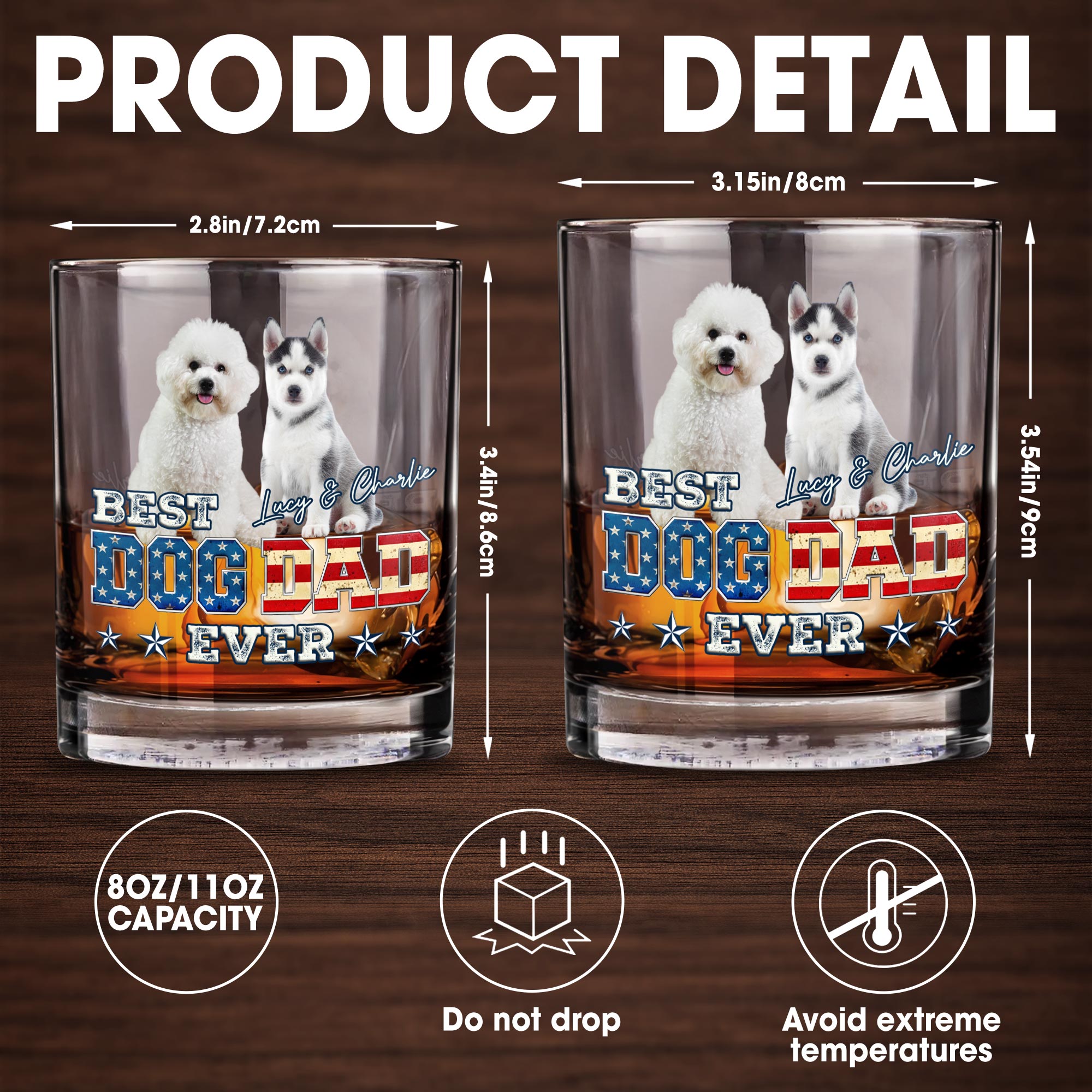 Best Dog Dad Ever With American Flag Dogs - Personalized Custom Whiskey Glass - DOG133_RWG