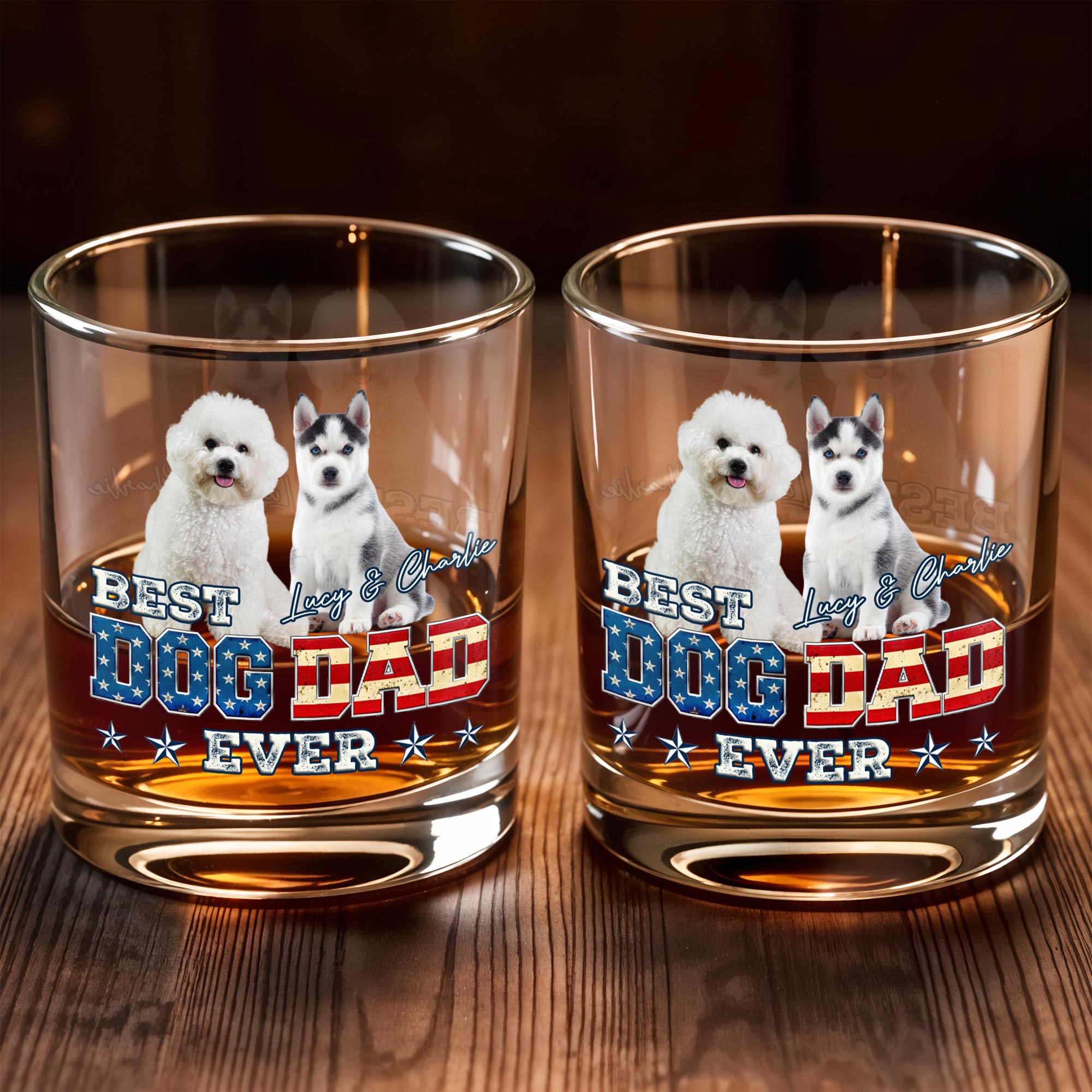 Best Dog Dad Ever With American Flag Dogs - Personalized Custom Whiskey Glass - DOG133_RWG