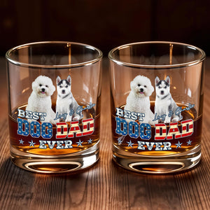 Best Dog Dad Ever With American Flag Dogs - Personalized Custom Whiskey Glass - DOG133_RWG