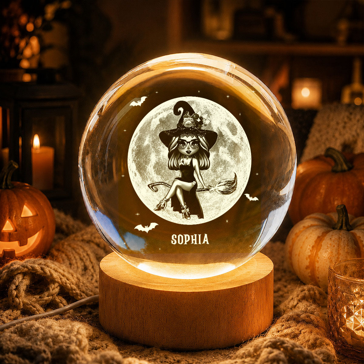 Witch On Broom Under Moon - Personalized Crystal Ball LED Night Light