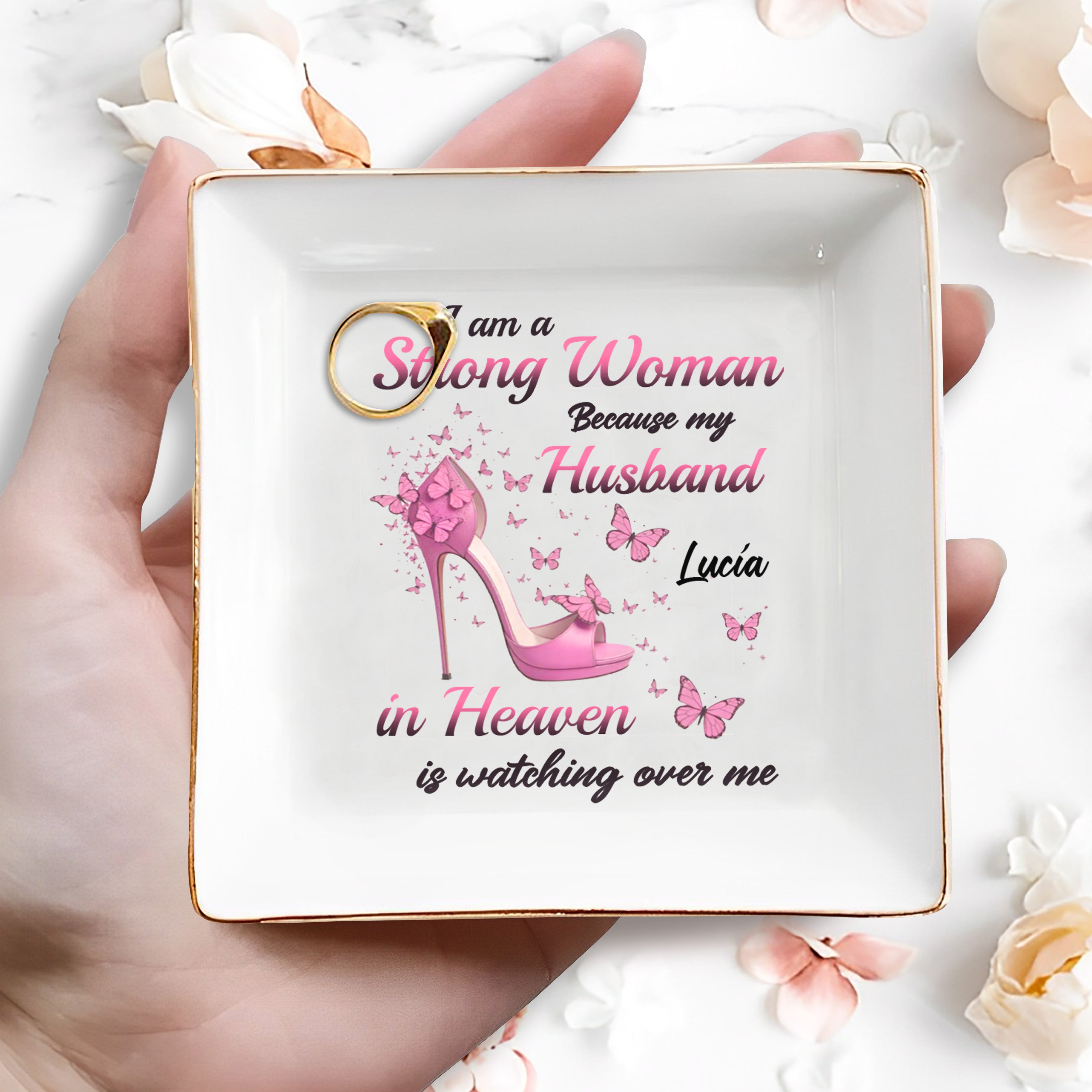 Strong Woman With High Heel And Butterflies - Personalized Custom Jewelry Dish - DTG002_SCRD