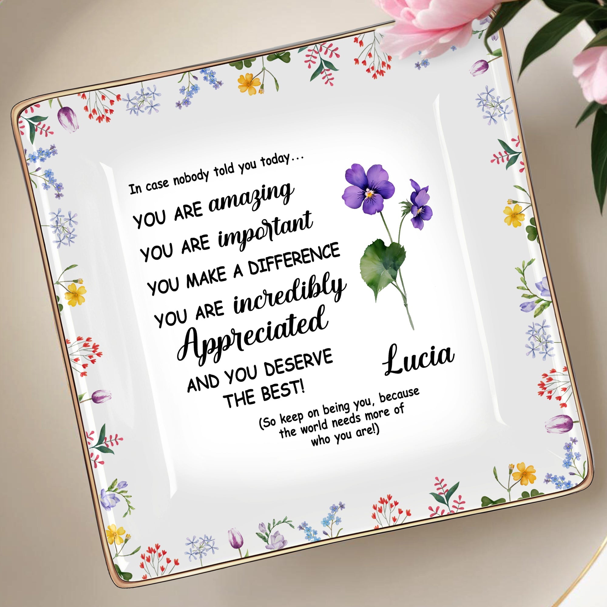 You Are Amazing Appreciation Ceramic Dish With Floral Design - Personalized Custom Jewelry Dish, Ceramic Dish, Square Shape - DTG004_SCRF