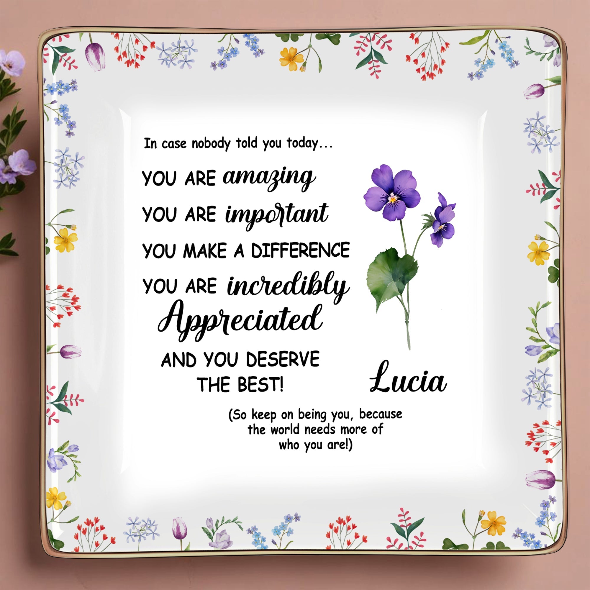 You Are Amazing Appreciation Ceramic Dish With Floral Design - Personalized Custom Jewelry Dish, Ceramic Dish, Square Shape - DTG004_SCRF