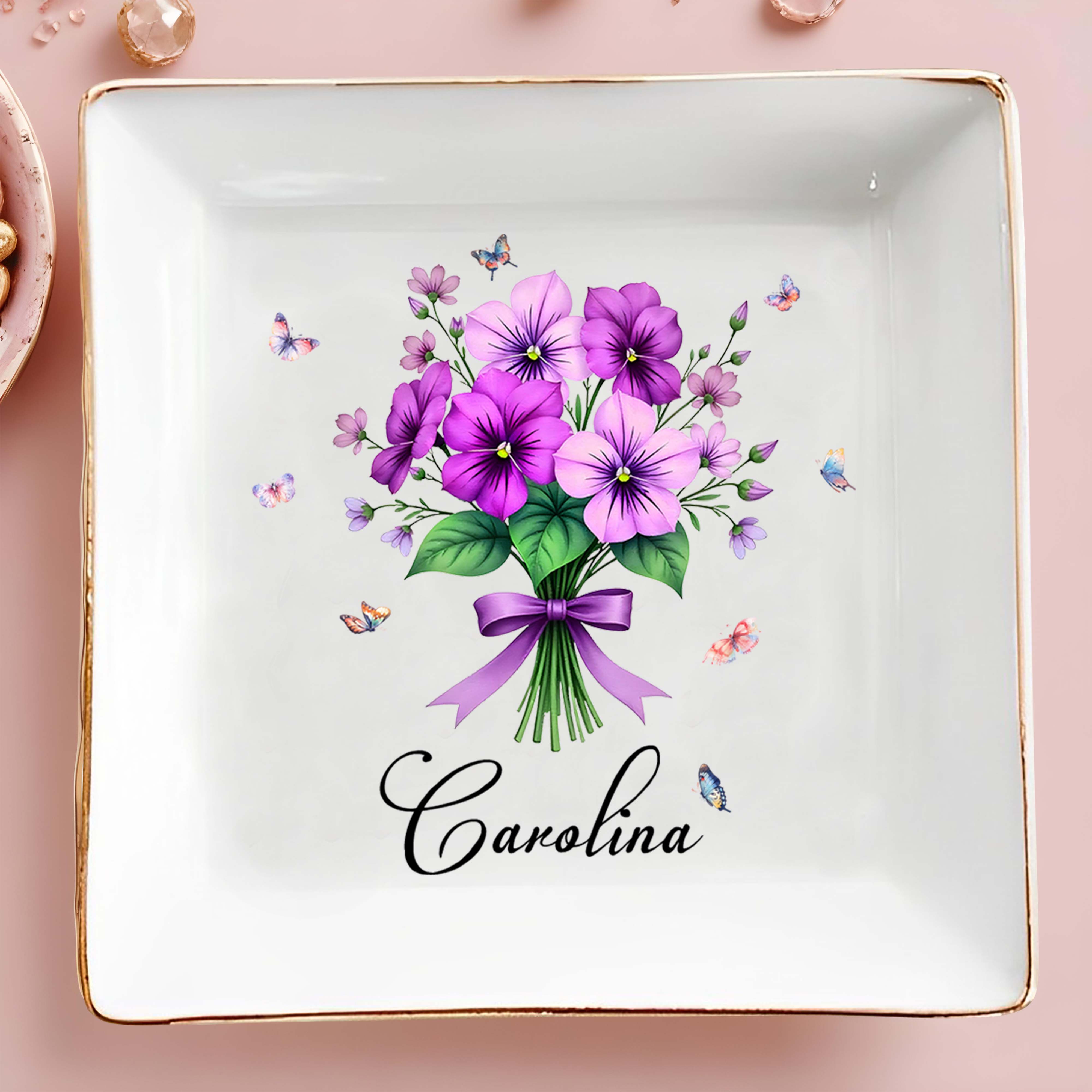 Charming Floral Design With Butterflies Perfect For Personalization - Personalized Custom Jewelry Dish, Square Ceramic Dish - DTG026_SCRD