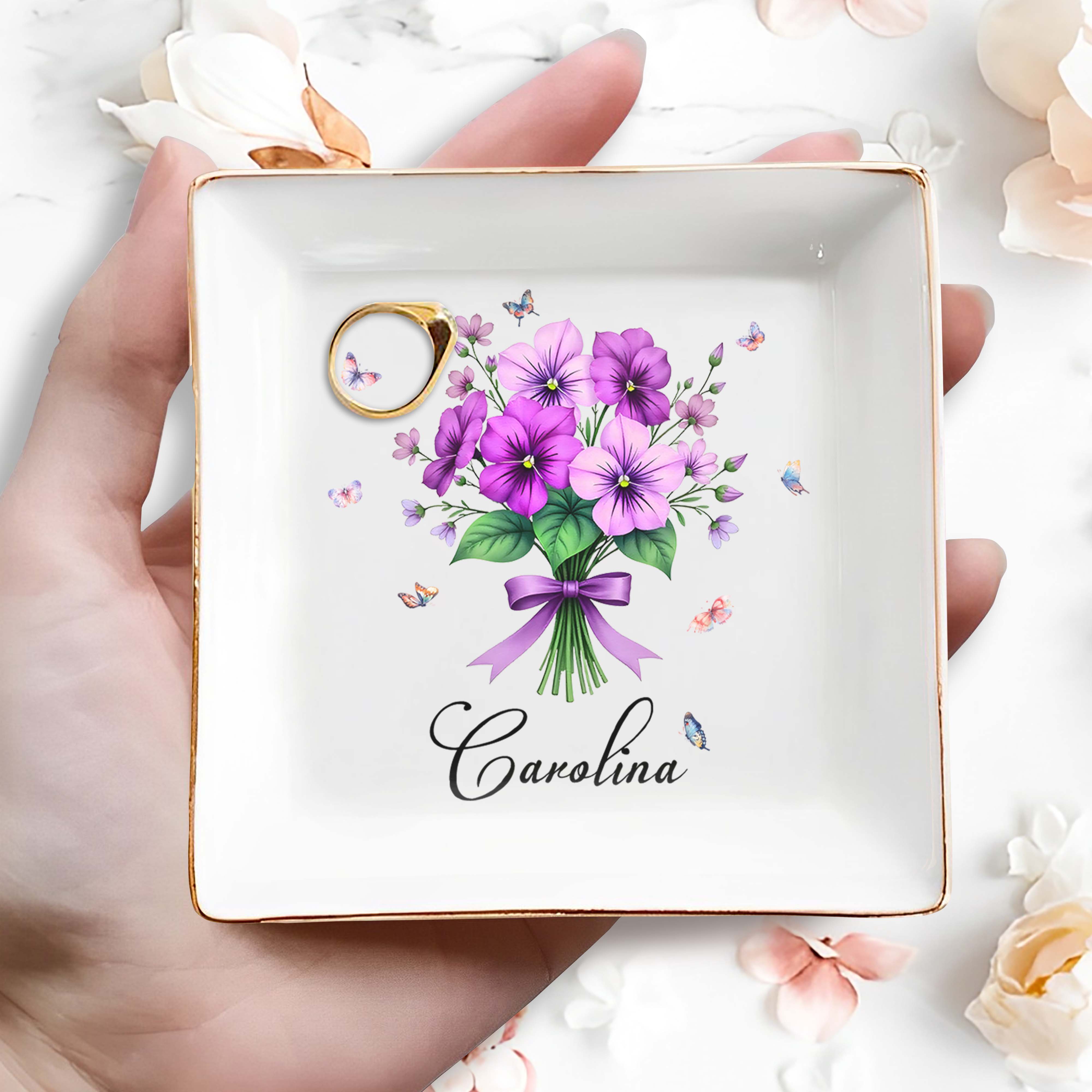 Charming Floral Design With Butterflies Perfect For Personalization - Personalized Custom Jewelry Dish, Square Ceramic Dish - DTG026_SCRD