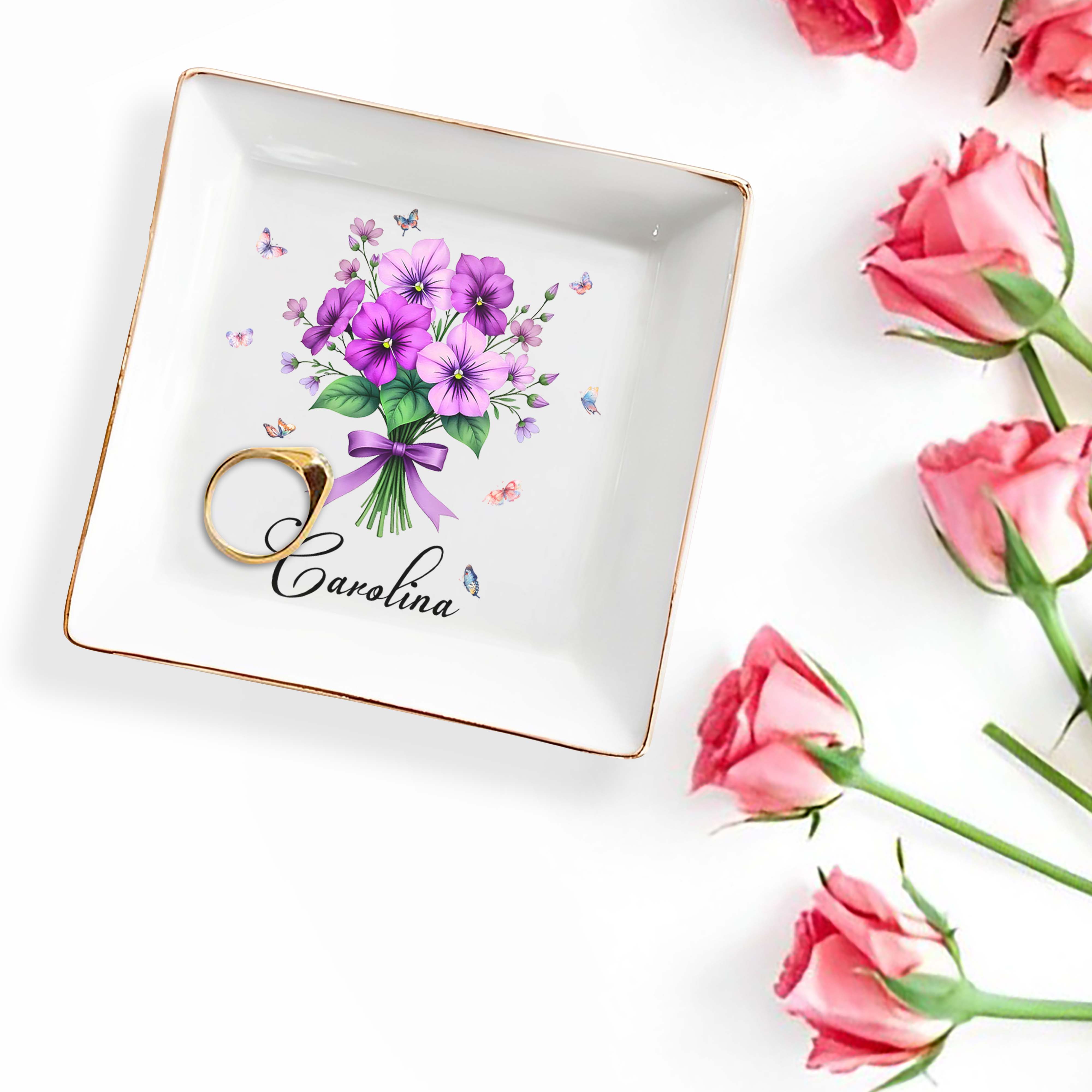 Charming Floral Design With Butterflies Perfect For Personalization - Personalized Custom Jewelry Dish, Square Ceramic Dish - DTG026_SCRD