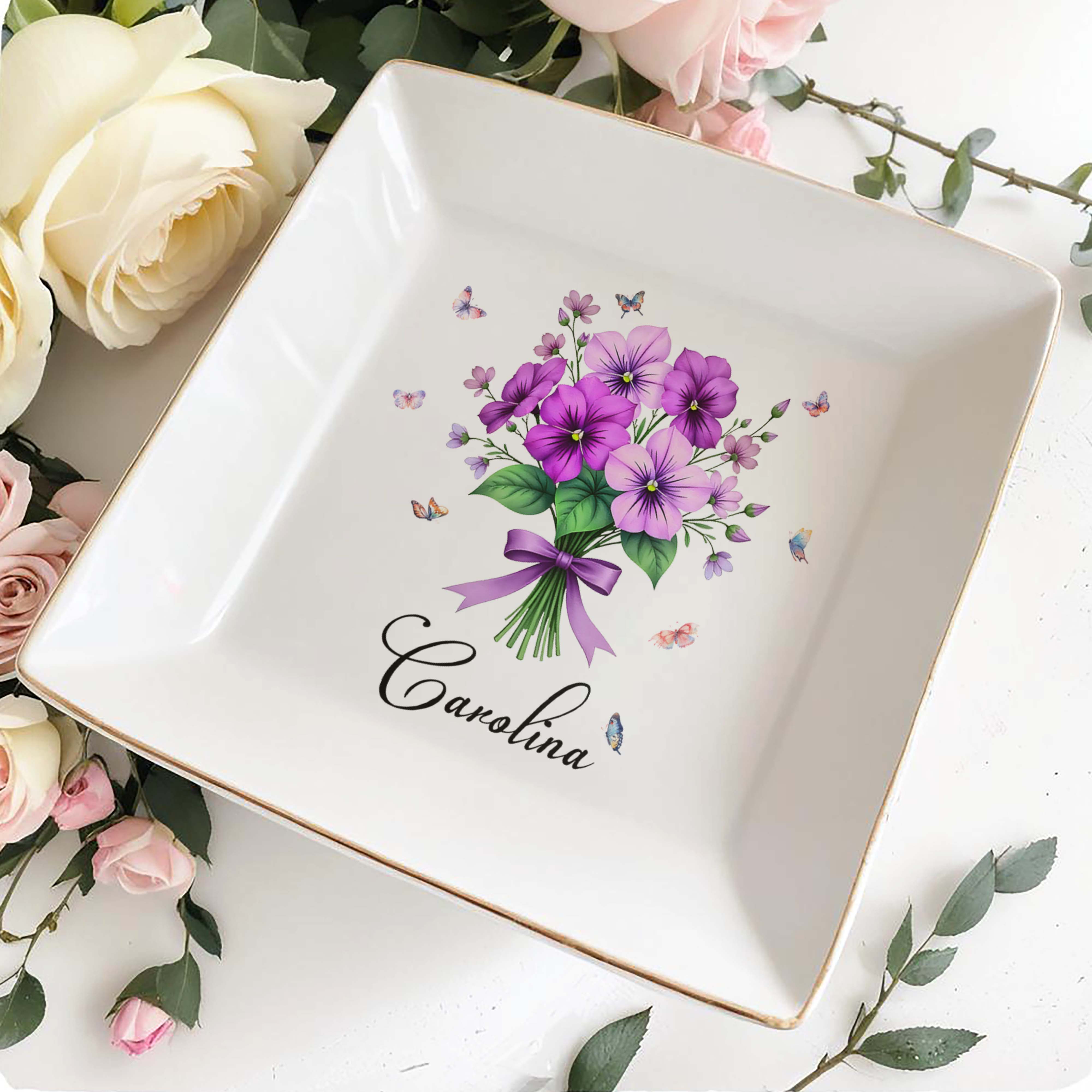 Charming Floral Design With Butterflies Perfect For Personalization - Personalized Custom Jewelry Dish, Square Ceramic Dish - DTG026_SCRD