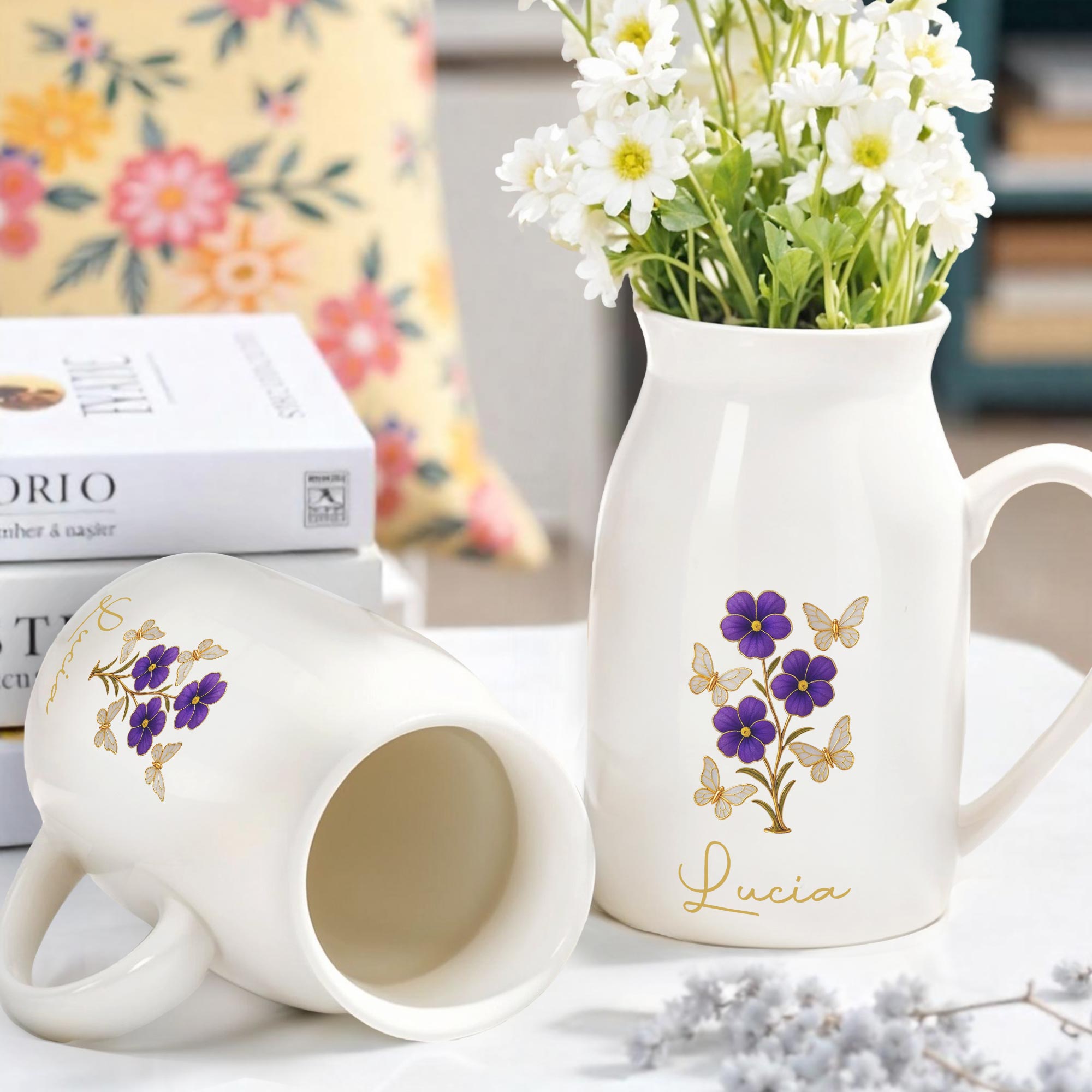 Elegant Flowers And Fluttering Butterflies Design - Personalized Ceramic Flower Vase