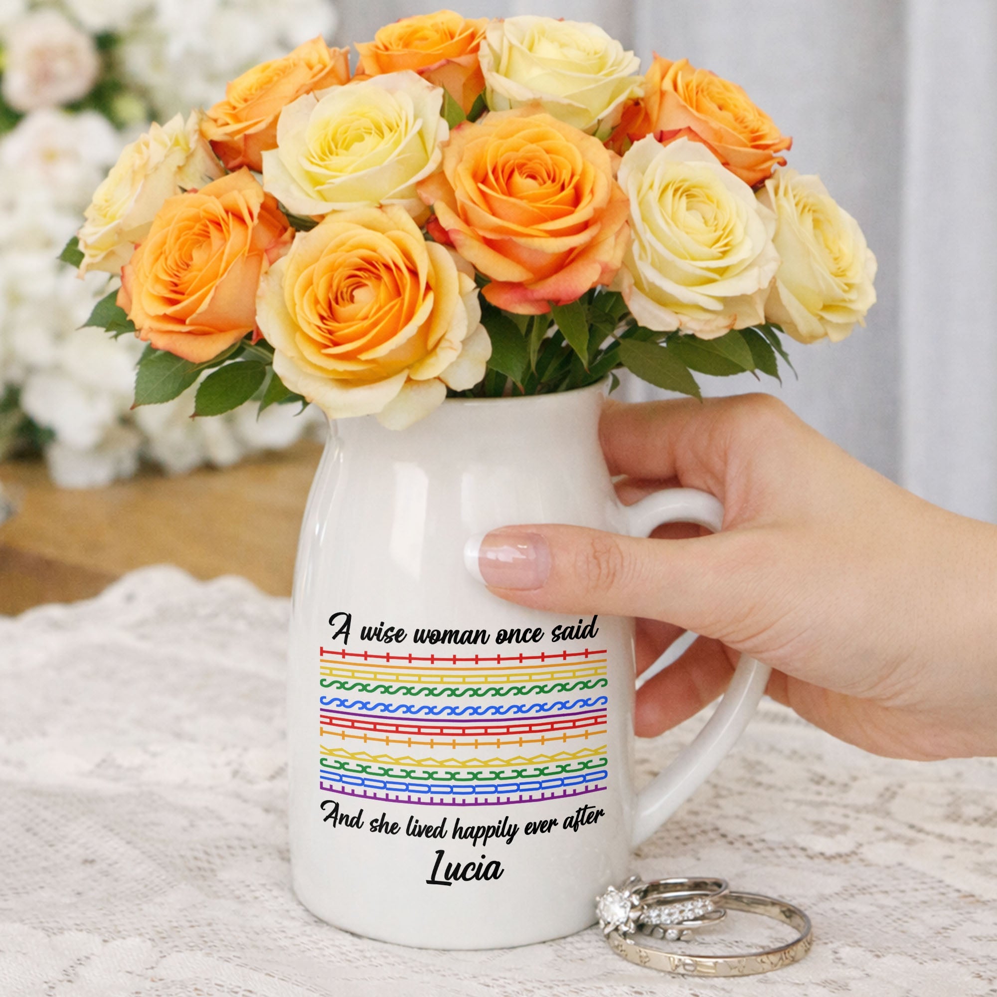 A Wise Woman Once Said Happily Ever After Colorful Pattern - Personalized Ceramic Flower Vase