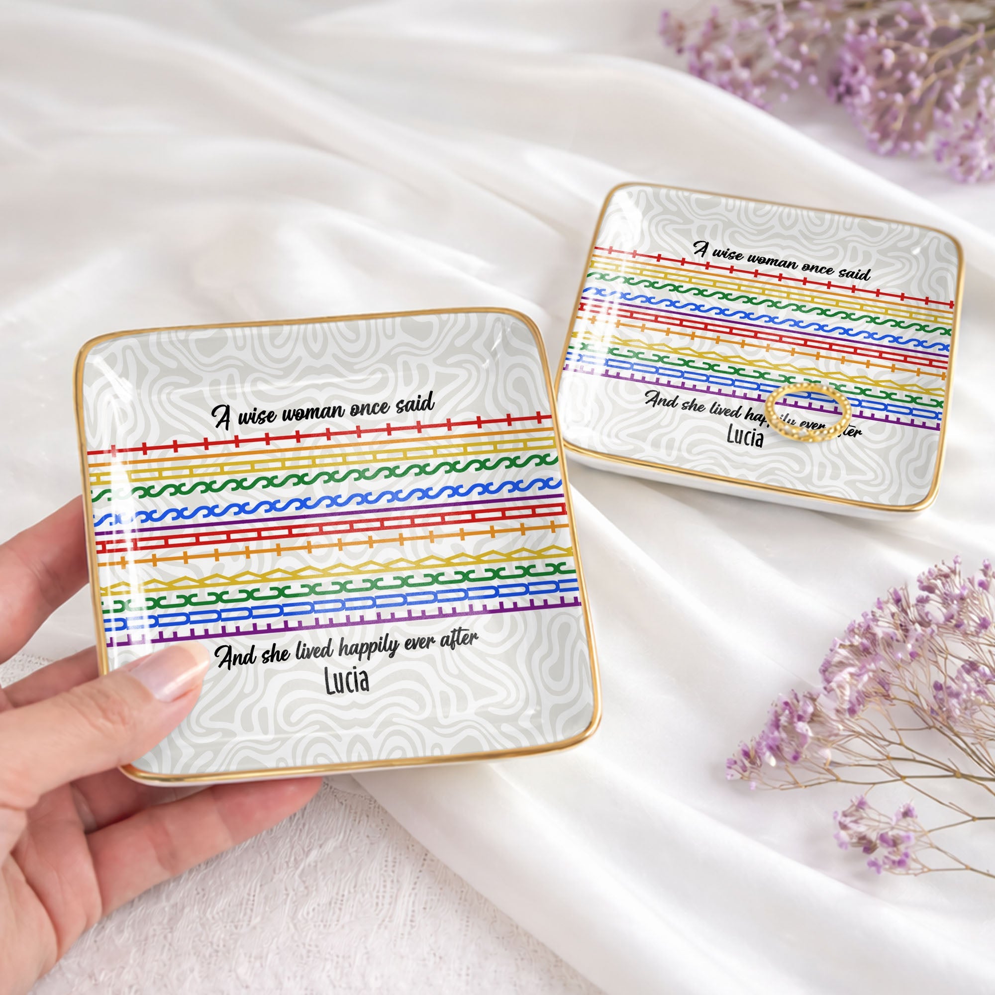 A Wise Woman Once Said And She Lived Happily Ever After Colorful Pattern - Personalized Custom Jewelry Dish, Ceramic Dish, Square Shape - DTG039_SCRF
